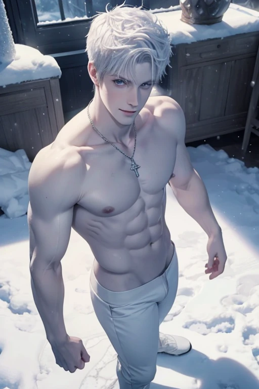 Full Body photorealistic 1 boy,Handsome Jack Frost,tall and strong,perfect male figure, eyes looking at camera, shirtless . ((Pale white skin)), nude, snow,silver hair,serious expression,necklace,Ray tracing. Smiling