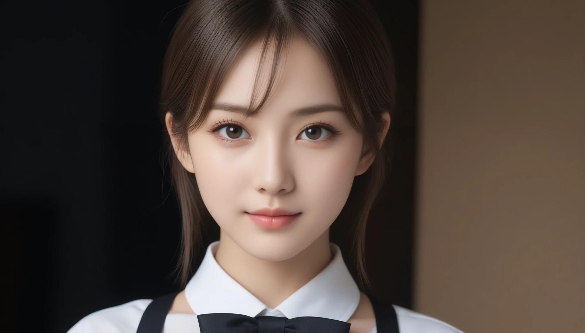 8K, Ultra-high resolution, highest quality, masterpiece, Surreal, photograph, 1 girl, (10 years old:1.3), pretty girl, Cute face, Beautiful eyes in every detail, 細かくdetailedに,Cute 21 year old Japanese、apron, Black bow tie、Waiter、Cafe、Super detailed face、Pay attention to the details、double eyelid、Beautiful thin nose、Sharp focus:1.2、Beautiful woman:1.4、(Light brown hair,short hair、),Pure white skin、highest quality、masterpiece、Ultra-high resolution、(Photorealistic:1.4)、非常にdetailedでプロフェッショナルな照明、nice smile、Please show me your whole body、、See through 、Look at the audience、beauty,Long neck、Smile a little、Please close your mouth and laugh、(((Ideal body proportions))),A cup small breasts :2,、Portraiture:2、Perfect Anatomy、Vivid details、detailed、Surreal、Light and shadow,Strong light,Fashion magazine cover,Thin lips