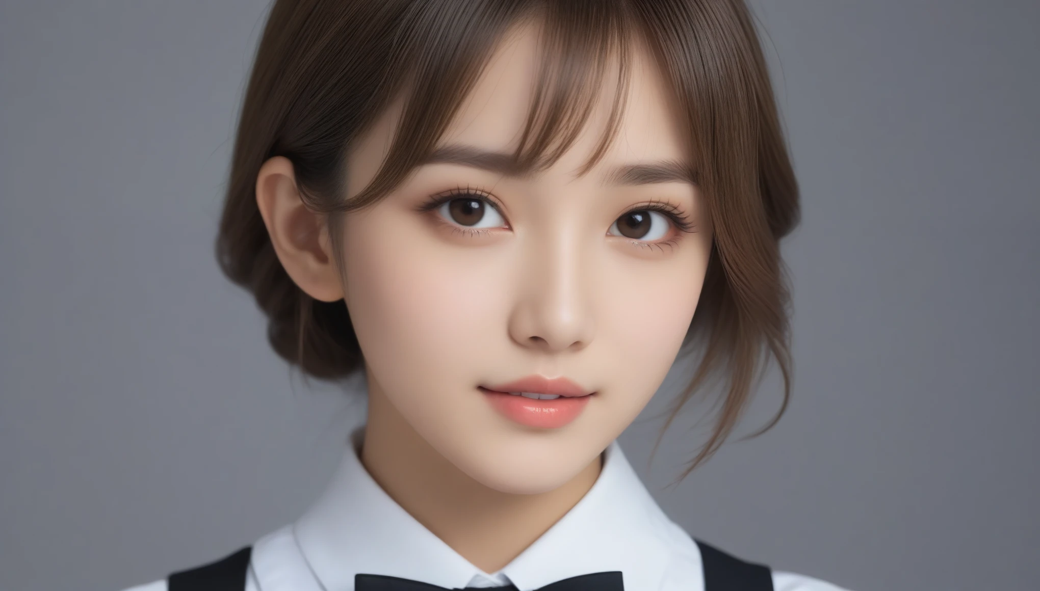 8K, Ultra-high resolution, highest quality, masterpiece, Surreal, photograph, 1 girl, (10 years old:1.3), pretty girl, Cute face, Beautiful eyes in every detail, 細かくdetailedに,Cute 21 year old Japanese、apron, Black bow tie、Waiter、Cafe、Super detailed face、Pay attention to the details、double eyelid、Beautiful thin nose、Sharp focus:1.2、Beautiful woman:1.4、(Light brown hair,short hair、),Pure white skin、highest quality、masterpiece、Ultra-high resolution、(Photorealistic:1.4)、非常にdetailedでプロフェッショナルな照明、nice smile、Please show me your whole body、、See through 、Look at the audience、beauty,Long neck、Smile a little、Please close your mouth and laugh、(((Ideal body proportions))),A cup small breasts :2,、Portraiture:2、Perfect Anatomy、Vivid details、detailed、Surreal、Light and shadow,Strong light,Fashion magazine cover,Thin lips