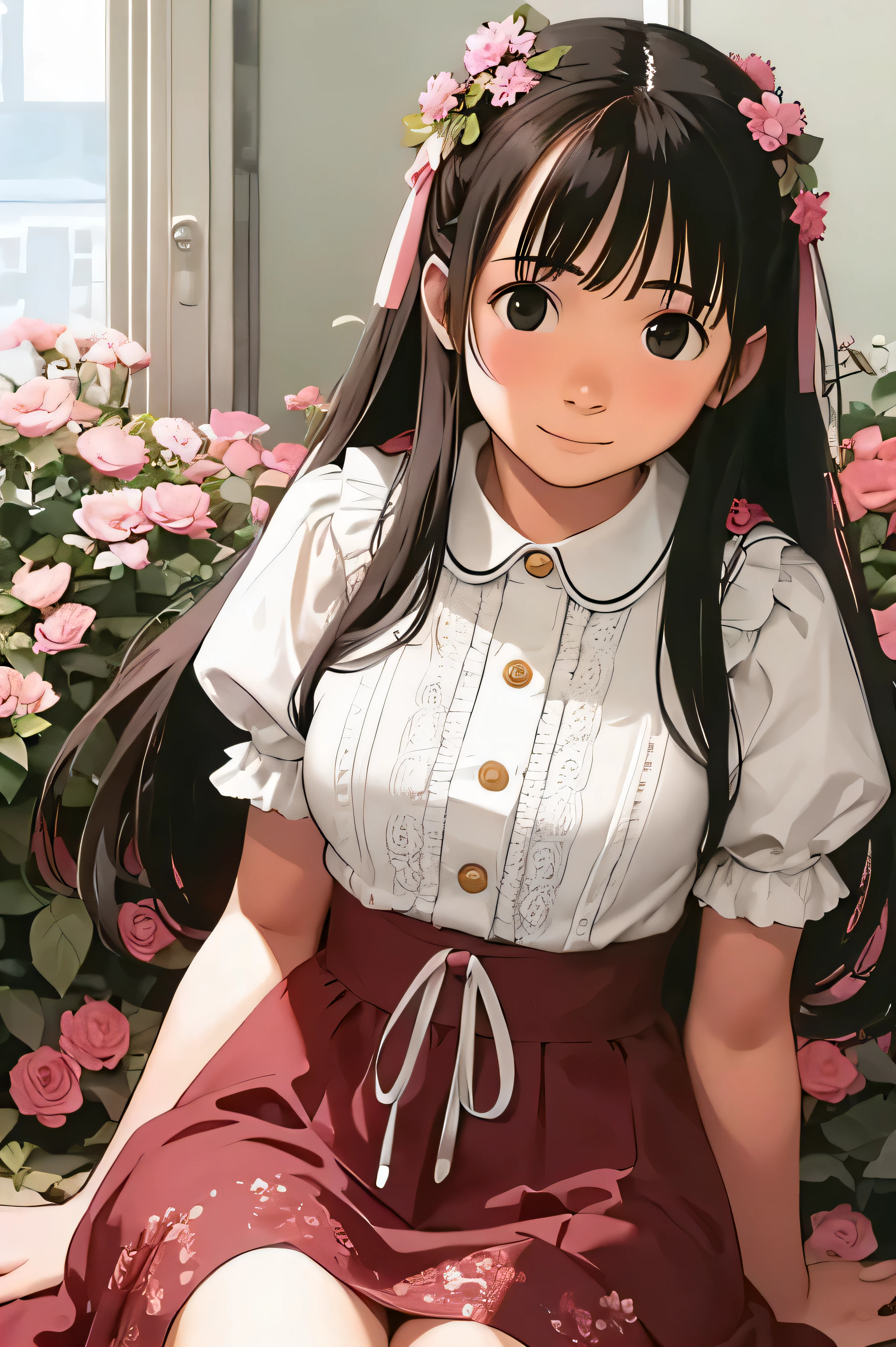White Background, gender:woman
hairdo:Long Straight
hair color:Golden brown eye shape and size:Bright eye color:brown
Skin color:olive
dress:Feminine frilly blouse and skirt statue:Moderately feminine figure Distinctive accessories and marks:Floral hair accessory costume color:Beige Style:Elegant and cute design