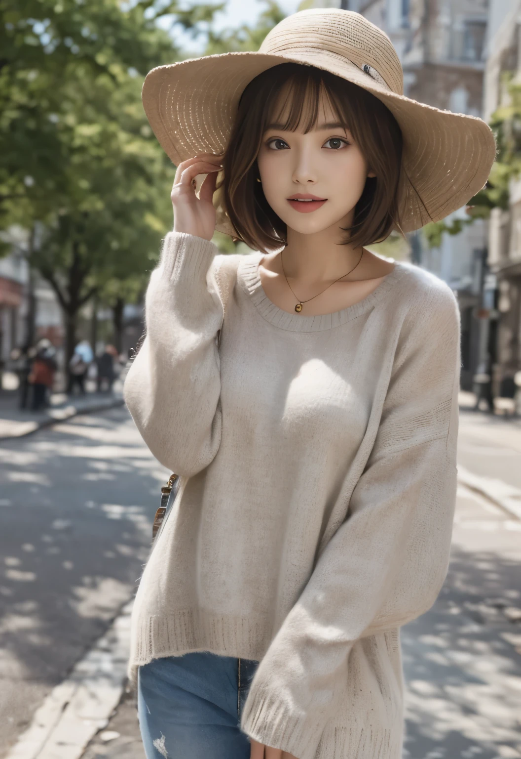 hat:1.3, Slightly larger breasts:1.2, Summer knitwear, Medium Bob