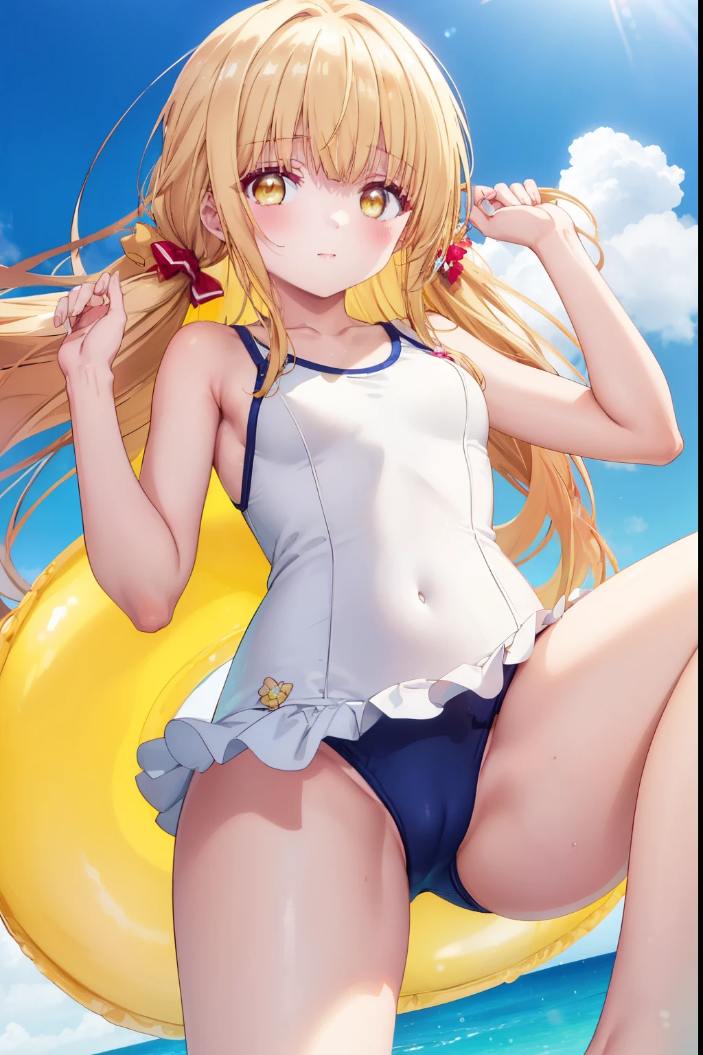 Mahiru shiina, , blonde, (Yellow Eyes:1.3)、Twin tails,,blush,smile,Sea、Wearing a cute swimsuit,Daytime、Wear a swimsuit、Captivating thighs、Beautiful bare legs, Revealing swimsuit、bikini、School Swimsuit、Showing armpits、Armpit Show
（masterpiece:1.2), highest quality, High resolution, unity 8k wallpaper, (shape:0.8), (Beautiful and beautiful eyes:1.6), Highly detailed face, Perfect lighting, Extremely detailed CG, (Perfect hands, Perfect Anatomy),