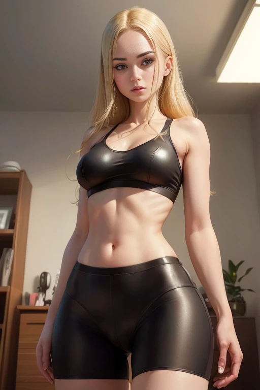 (((ultra detailed, The best quality, 8k, HDR, woman, blonde, tight underwear))), ((natural body)), (long hair, caught), room, marked cameltoe