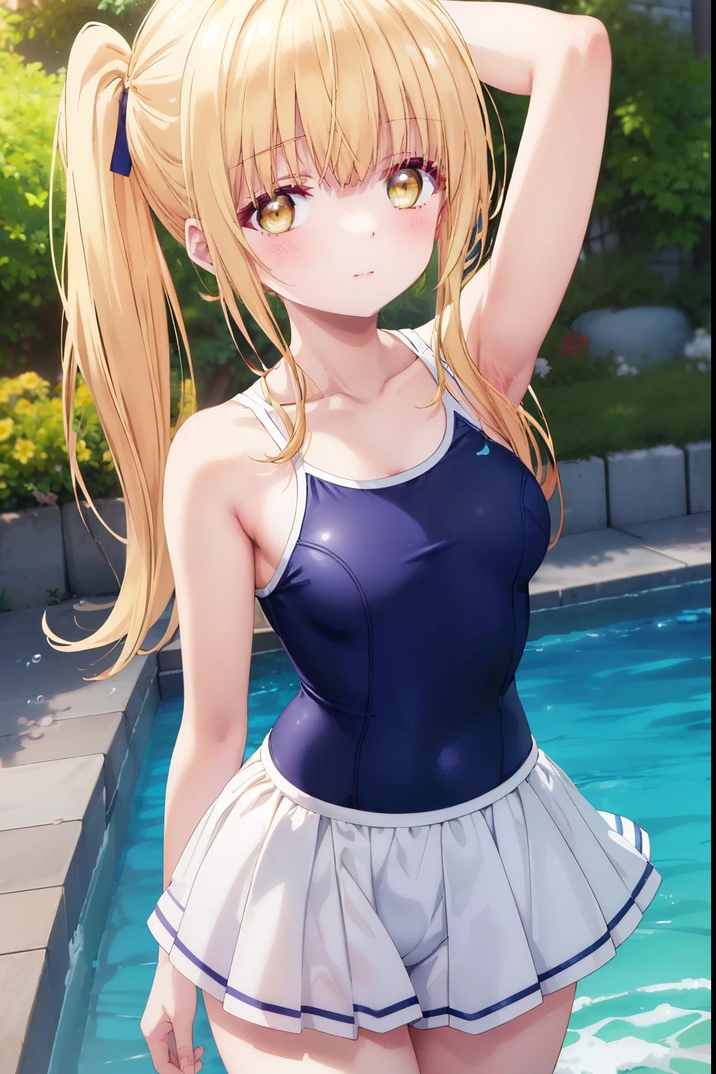 1girl,solo,armpid,raise your arms,arm focus,cute,blond hair,long hair,tank top,sporty,girly