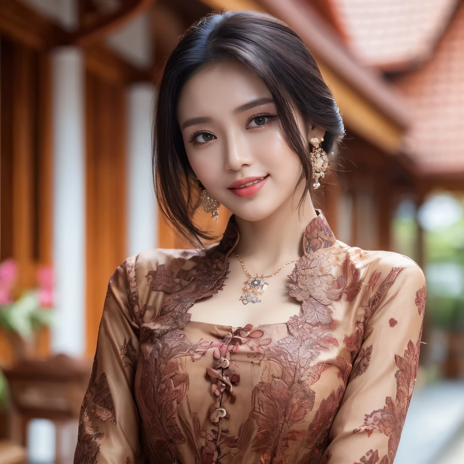((Best quality, 8k, Masterpiece :1.3)), Asian Woman, Whole body, Sharp focus :1.2, A pretty woman with perfect figure :1.4, Slender abs :1.1, ((Dark hair, Big breasts :1.2)), (Kebaya Clothes, Batik Fabric, Standing:1.2), Makeup, ((Sunny, Traditional House Indonesian:1.3)), Highly detailed face and skin texture, Detailed eyes, Double eyelid, Indonesian Vibes, (Necklace, earings) 