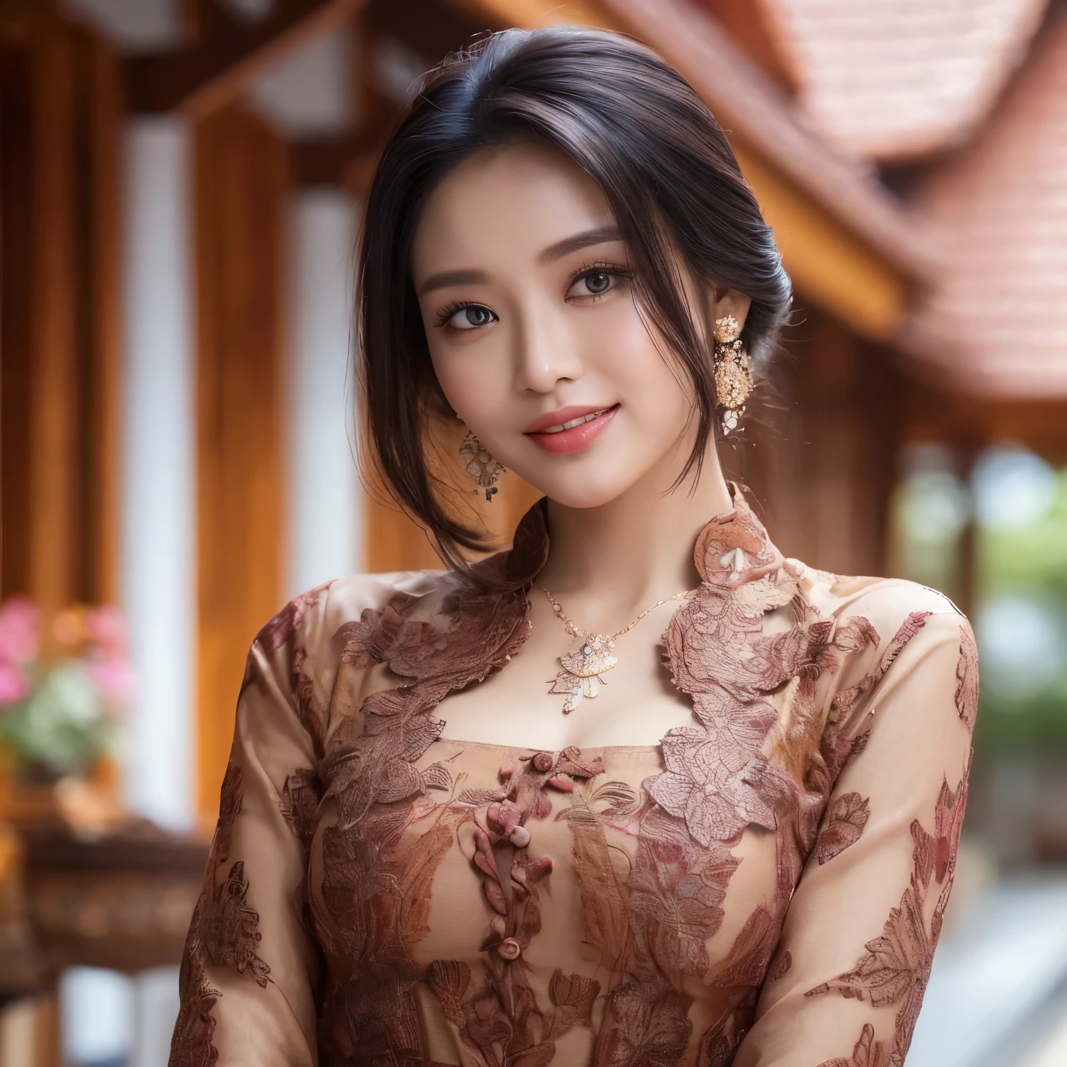 ((Best quality, 8k, Masterpiece :1.3)), Asian Woman, Whole body, Sharp focus :1.2, A pretty woman with perfect figure :1.4, Slender abs :1.1, ((Dark hair, Big breasts :1.2)), (Kebaya Clothes, Batik Fabric, Standing:1.2), Makeup, ((Sunny, Traditional House Indonesian:1.3)), Highly detailed face and skin texture, Detailed eyes, Double eyelid, Indonesian Vibes, (Necklace, earings)