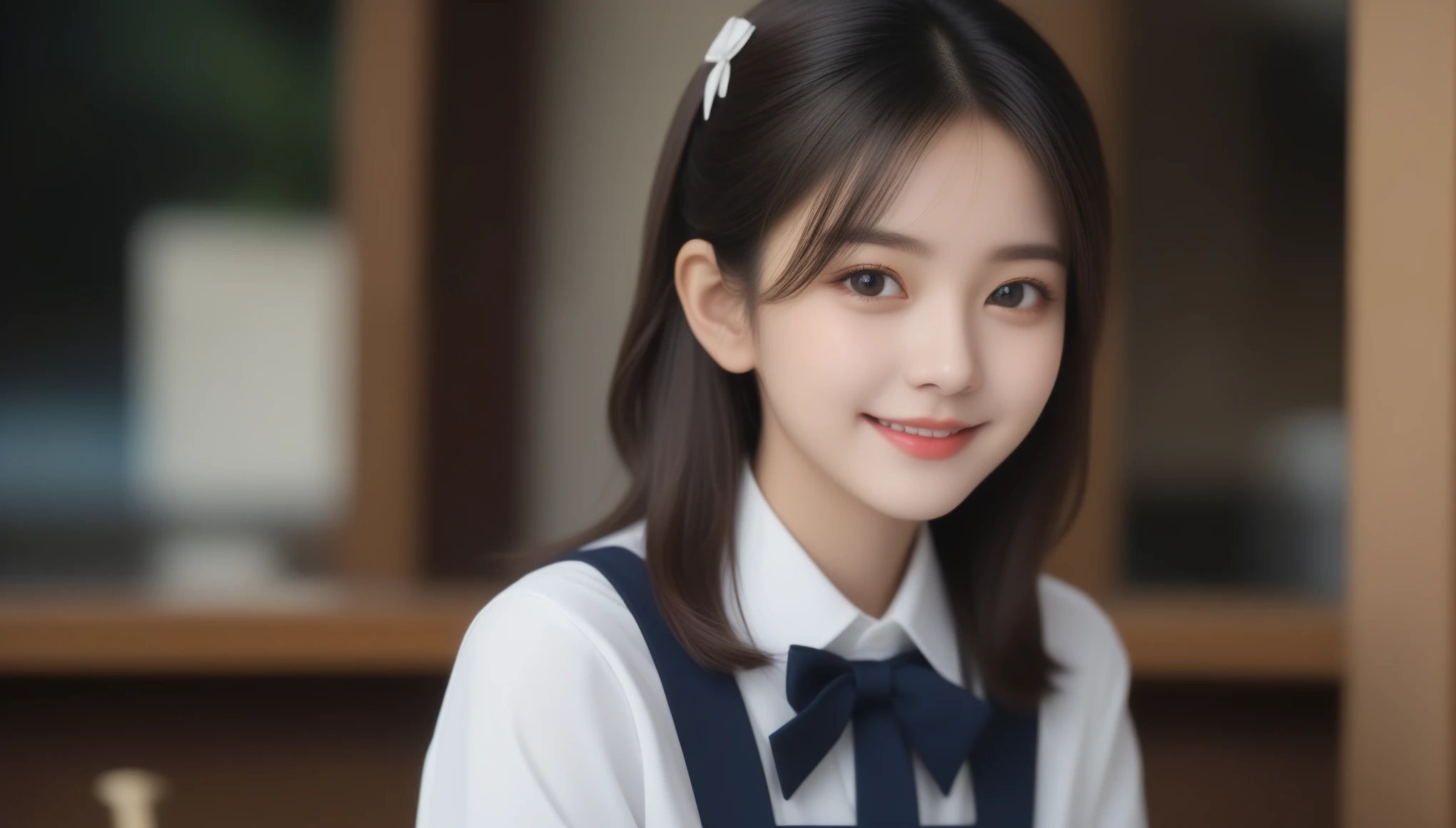 8K, Ultra-high resolution, highest quality, masterpiece, Surreal, photograph, 1 girl, (10 years old:1.3), pretty girl, Cute face, Beautiful eyes in every detail, 細かくdetailedに,Cute 21 year old Japanese、apron, Black bow tie、Waiter、Cafe、Super detailed face、Pay attention to the details、double eyelid、Beautiful thin nose、Sharp focus:1.2、Beautiful woman:1.4、(Light brown hair,short hair、),Pure white skin、highest quality、masterpiece、Ultra-high resolution、(Photorealistic:1.4)、非常にdetailedでプロフェッショナルな照明、nice smile、Please show me your whole body、、See through 、Look at the audience、beauty,Long neck、Smile a little、Please close your mouth and laugh、(((Ideal body proportions))),A cup small breasts :2,、Portraiture:2、Perfect Anatomy、Vivid details、detailed、Surreal、Light and shadow,Strong light,Fashion magazine cover,Thin lips