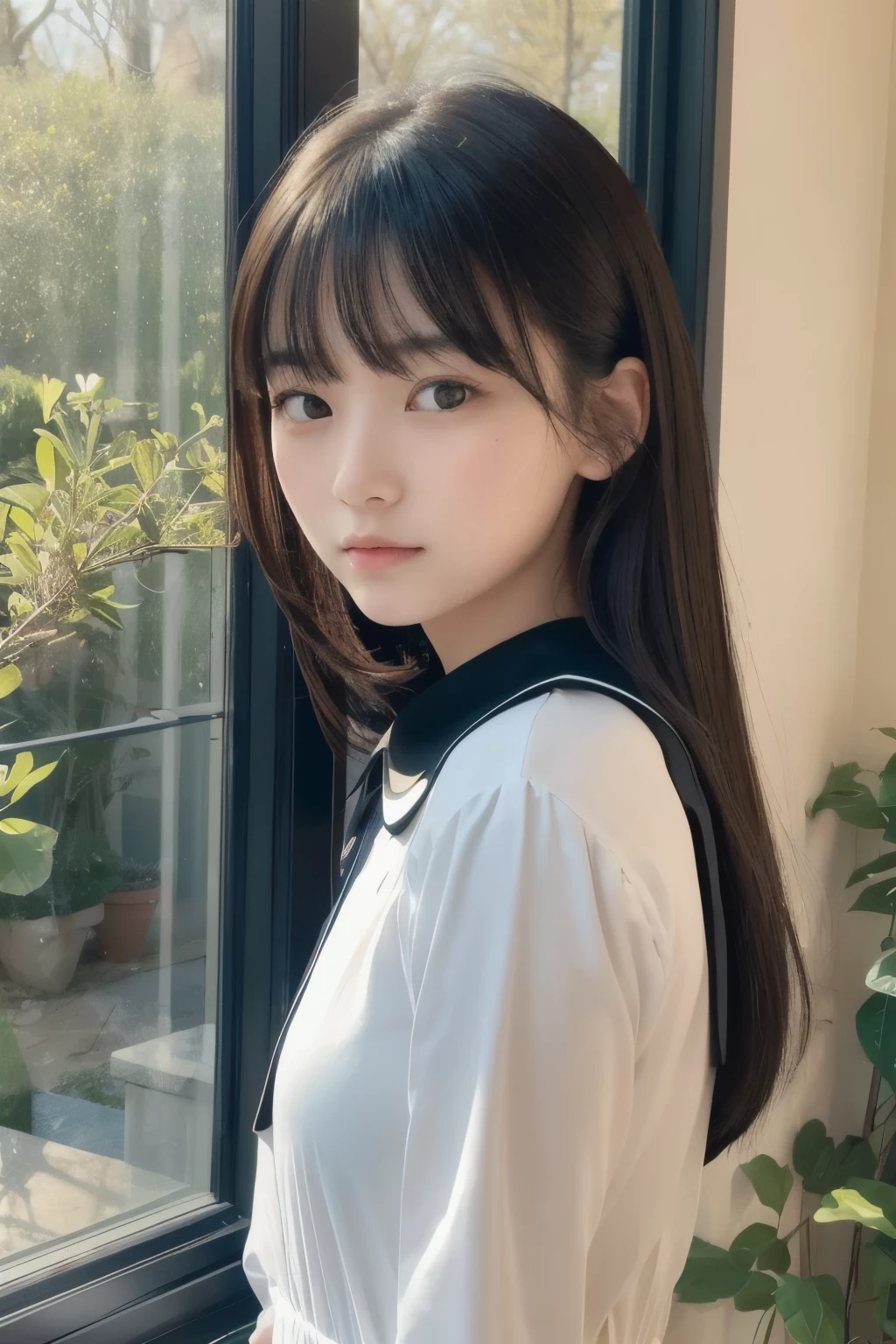 Best Picture Quality,8K Quality,Masterpiece:1.3,),(Super A Quality,Photorealistic:1.4,Raw Photo),(Asahi:1.3),(Masterpiece:1.2),(Realistic:1.2),(Raw Photo),(Detail:1. 2), Official Art, Unity 8K Wallpaper, super definition, aesthetic, masterpiece, top quality, outdoor, in front of window, tree frame window, natural light, (bright sunlight), window, (window open), wind, one girl, standing in garden, (wind blowing), ribbon in hair, black hair, bangs, 17 years old, pretty face, glossy cheeks, (light on cheeks), black dress, (long sleeves, collar)