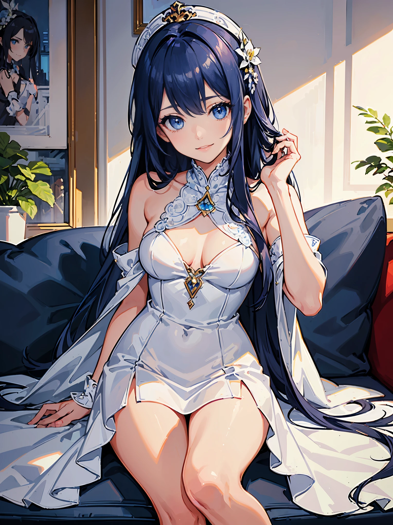 (masterpiece), (best quality), (ultra detailed),(disheveled hair),(illustration), (1girl), standing, smiling, beautiful detailed eyes, blue eyes, detailed beautiful face, (Focalor: 1.2), focus on face, Focalor(genshin impact), blue hair, detailed hair, bangs, best lighting, best shadow, highly detailed, vibrant, sitting on sofa, (idol costume), (white dress),