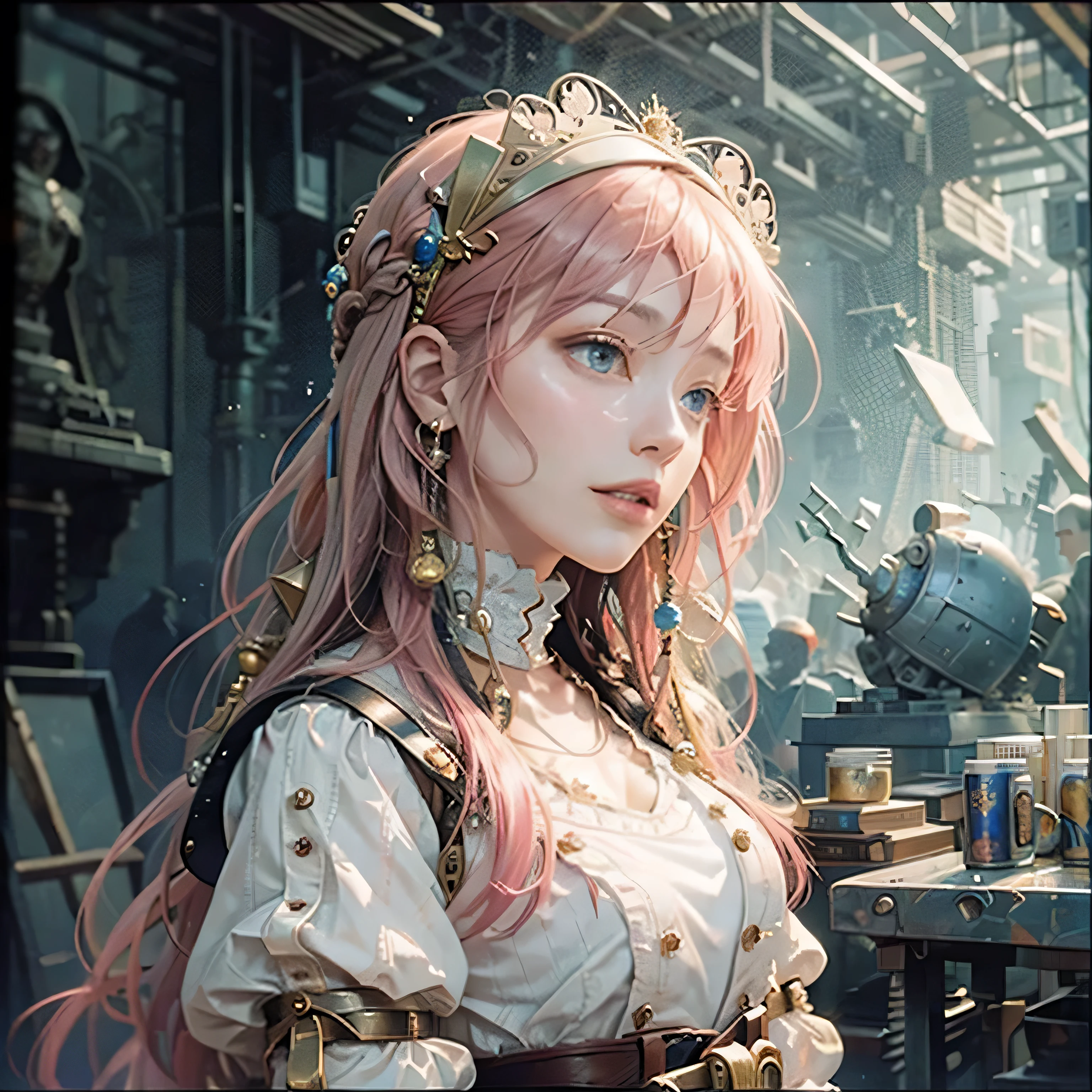 highest quality,Absurd,8k resolution,Official Art, Highly detailed CG Unity 8k wallpaper,masterpiece,(Profile picture),woman,pink Hair,in spring,Mona Lisa 、White clothes