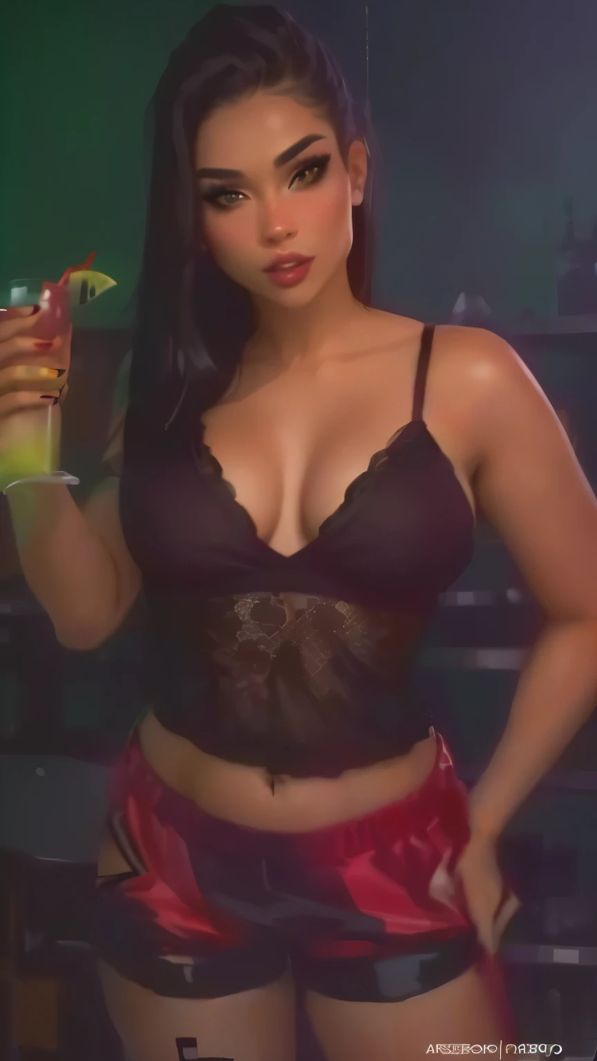 araffe woman in a black bra top and red shorts holding a green drink, sexy girl, sexy :8, her belly button is exposed, 1 8 yo, mid 2 0's female, 18 years old, uhd candid photo of dirty, gogo dancer, sexy look, gorgeous lady, latina, very sexy, seductive lady