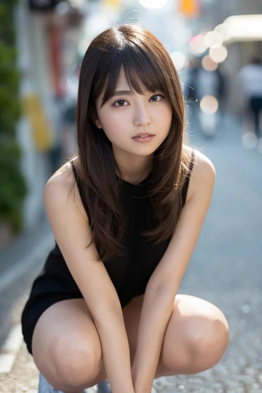 masterpiece, highest quality, Official Art, Highly detailed CG Unity 8k wallpaper, like , Very delicate and beautiful, Ultra-high resolution, (Realistic: 1.4), Golden Hour Lighting, (Upper Body), (platinum short髪: 0.8), (Puffy eyes), Looking at the audience, Look forward, smile, Highly detailed face、One girl、dark、Deep Shadow、Low Key、On the street、Full Body Shot,(Irregular skin blemishes,vein,Birthmark,Wrinkles on the skin,pores:1.2), (Bokeh: 1.4),Mansuji、topless、Squat、front、18-year-old、No makeup、Spread your legs、split、