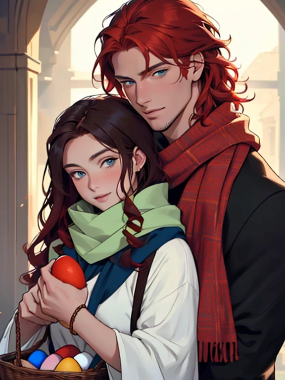 The feast of the Orthodox Easter. A couple, 1 blond-man (tall, statuesque, handsome, courageous red-haired young man, he has long curly copper-red hair, green eyes, in his hand he holds a basket with cakes and colored eggs) hugs 1 brunette woman (an incredibly beautiful young brunette femme fatale, she has short thick black hair, blue eyes, her head is covered with a scarf). They are in love with each other. Masterpiece, detailed study of the face, beautiful face, beautiful facial features, perfect image, realistic shots, detailed study of faces, full-length image, 8k, detailed image. an extremely detailed illustration, a real masterpiece of the highest quality, with careful drawing.