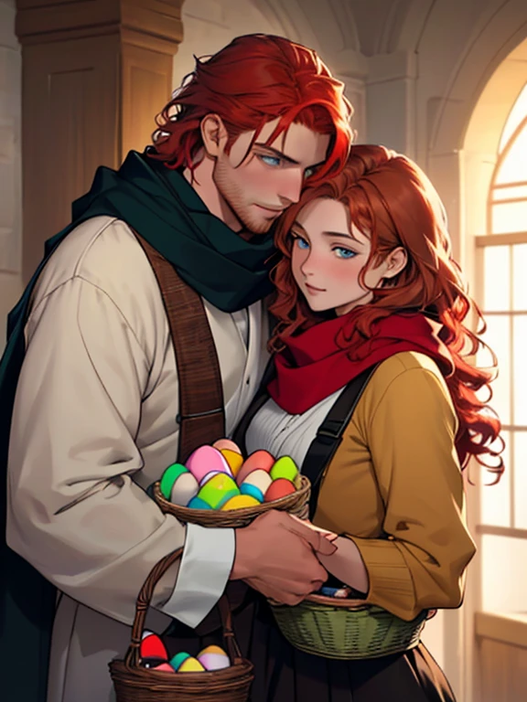 The feast of the Orthodox Easter. A couple, 1 blond-man (tall, statuesque, handsome, courageous red-haired young man, he has long curly copper-red hair, green eyes, in his hand he holds a basket with cakes and colored eggs) hugs 1 brunette woman (an incredibly beautiful young brunette femme fatale, she has short thick black hair, blue eyes, her head is covered with a scarf). They are in love with each other. Masterpiece, detailed study of the face, beautiful face, beautiful facial features, perfect image, realistic shots, detailed study of faces, full-length image, 8k, detailed image. an extremely detailed illustration, a real masterpiece of the highest quality, with careful drawing.
