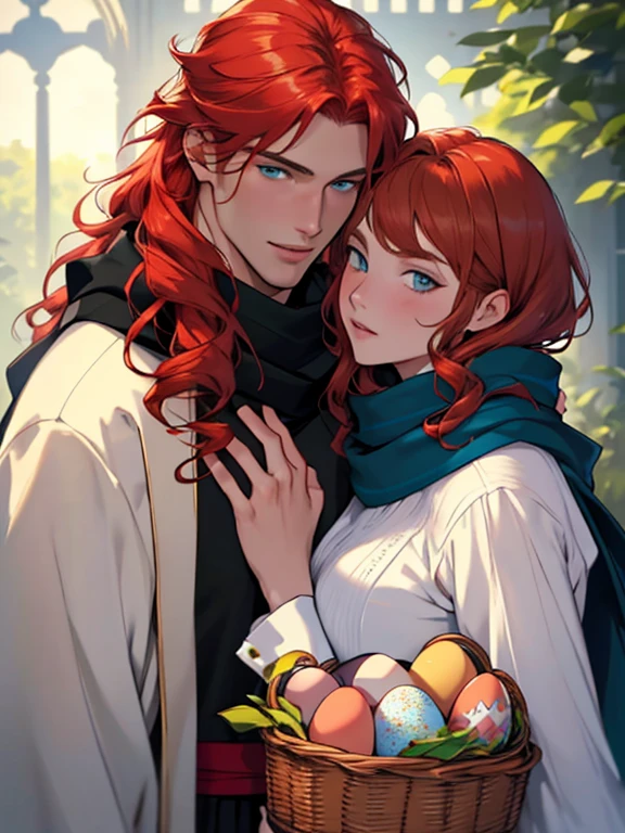 The feast of the Orthodox Easter. A couple, 1 blond-man (tall, statuesque, handsome, courageous red-haired young man, he has long curly copper-red hair, green eyes, in his hand he holds a basket with cakes and colored eggs) hugs 1 brunette woman (an incredibly beautiful young brunette femme fatale, she has short thick black hair, blue eyes, her head is covered with a scarf). They are in love with each other. Masterpiece, detailed study of the face, beautiful face, beautiful facial features, perfect image, realistic shots, detailed study of faces, full-length image, 8k, detailed image. an extremely detailed illustration, a real masterpiece of the highest quality, with careful drawing.