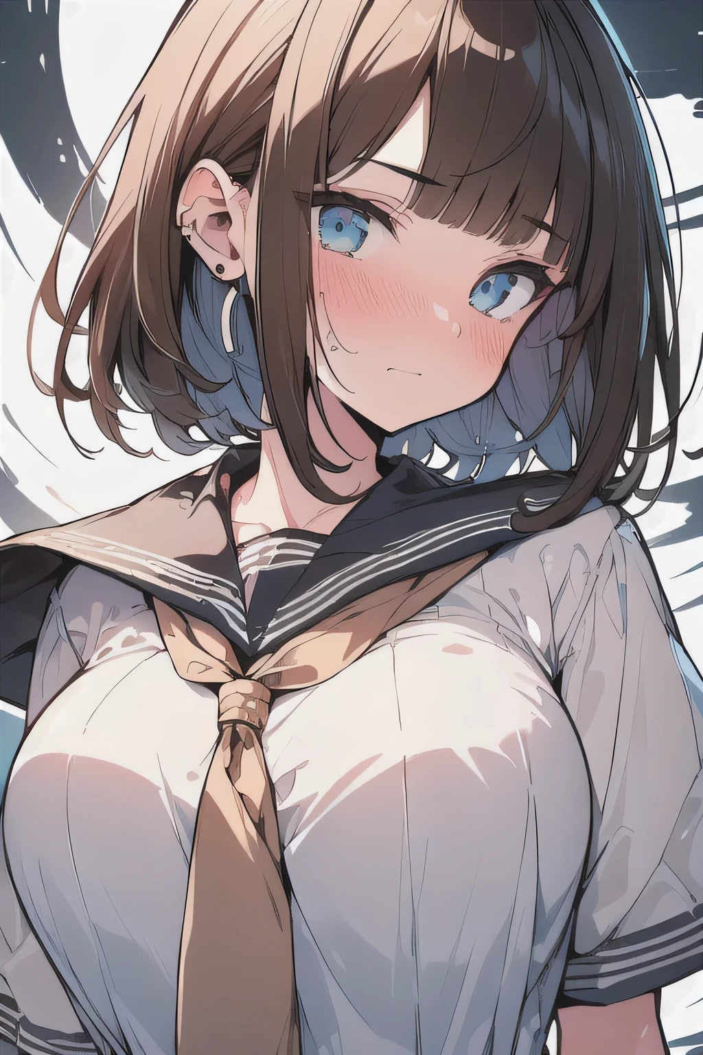 (best quality), (Super detailed), (Best Illustration), (masterpiece), (woman), arm behind back, {(white serafuku:1.2)}, (large breasts:1.2), {brown hair, (sideburns), (bob cut:1.3), curly hair, hairs between eyes, colored inner hair}, {(detailed eyes), blue eyes}, embarrassed, blush, earring, wind, white background