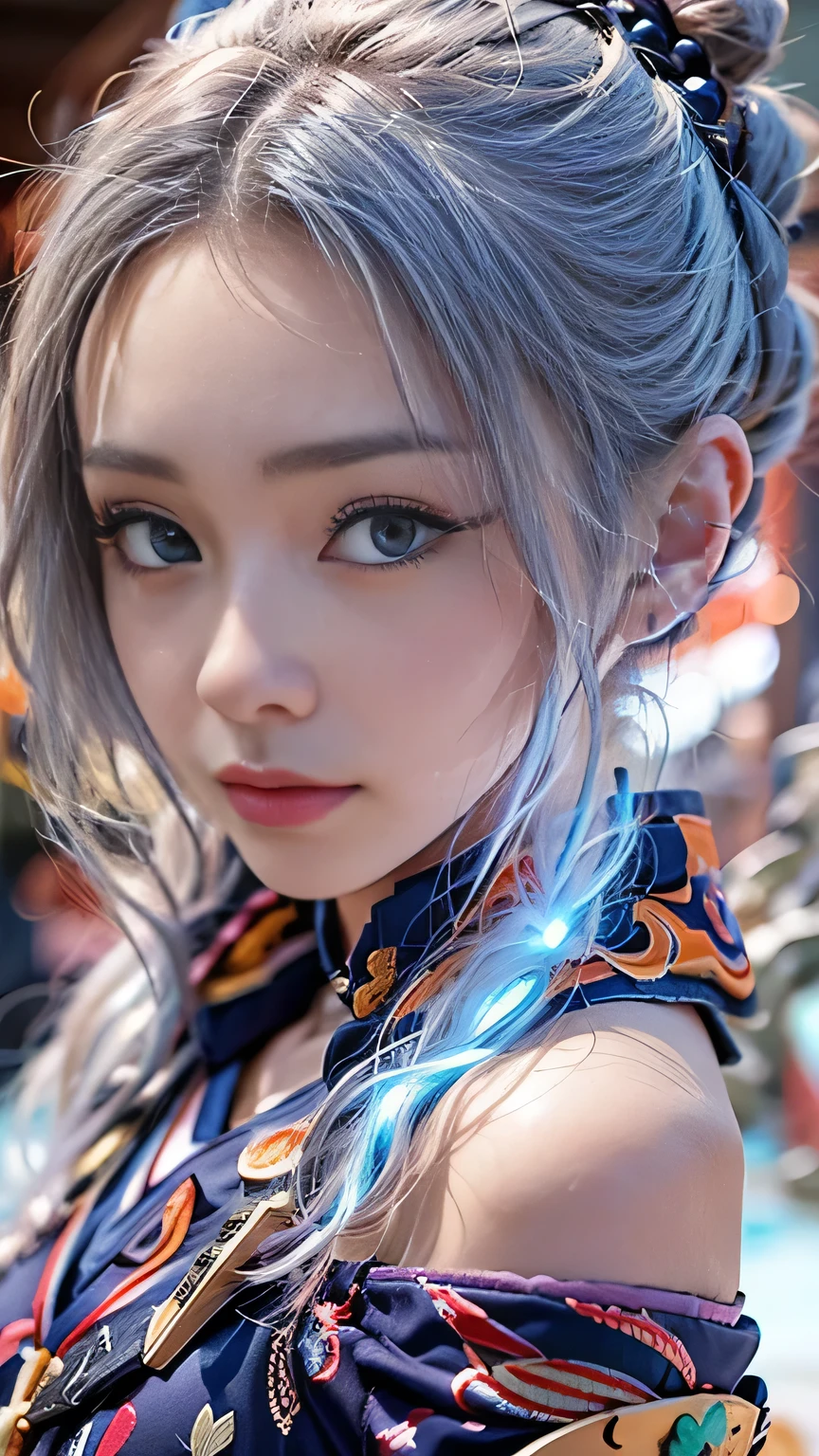 (RAW shooting, Photoreal:1.5, 8k, highest quality, masterpiece, ultra high resolution), Sengoku, Fire, Wars flaring up everywhere:1.3, perfect dynamic composition:1.2, Highly detailed skin and facial textures:1.2, Slim female samurai with a sharp katana sword:1.3, Fight:1.2, beautiful and aesthetic, cute and sexy beauty, perfect style:1.2, wear elaborate rings, fire, water, Wind, thunder, ice, Fair skin, very beautiful face, (Medium chest, Chest gap), (embarrassing smile, The expression on your face when you feel intense caress, Facial expression when feeling pleasure), (Wearing a sexy Sengoku uniform:1.1, off shoulder), (beautiful blue eyes, Eyes that feel beautiful eros:0.8), (Too erotic:0.9, Bewitching:0.9), full body shot