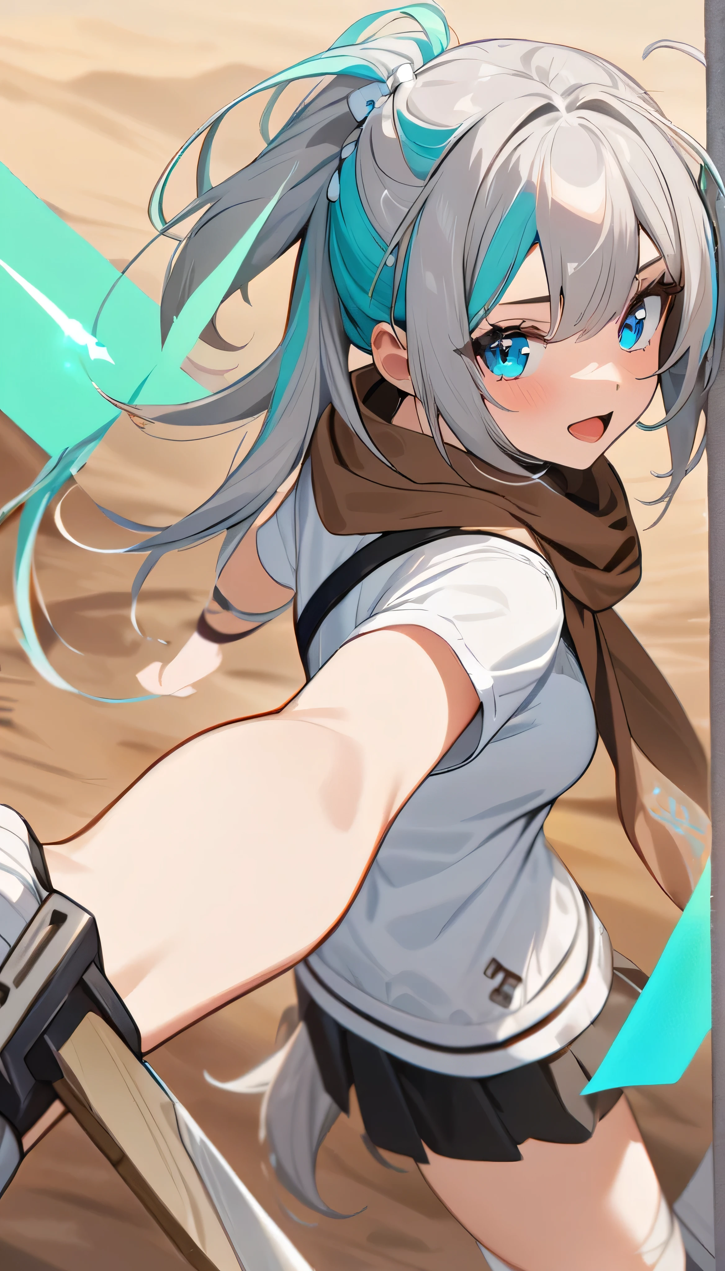 Resolution full, best quality, masterpiece, full HD, very sharpener, very detail, best art, pixiv art, depth of field, beautifull girl, super detailed, 1girl, waifu, cute waifu, cute girl, pony tail hair, multicolor hair, grey hair, aqua inner hair, white flower hair ornament, beautiful cyan bright eyes, medium breast, open mouth, white T - shirt, brown scarf, short black skirt, bandage hands, bandage legs, (holding sword), at desert, post apocalypse
