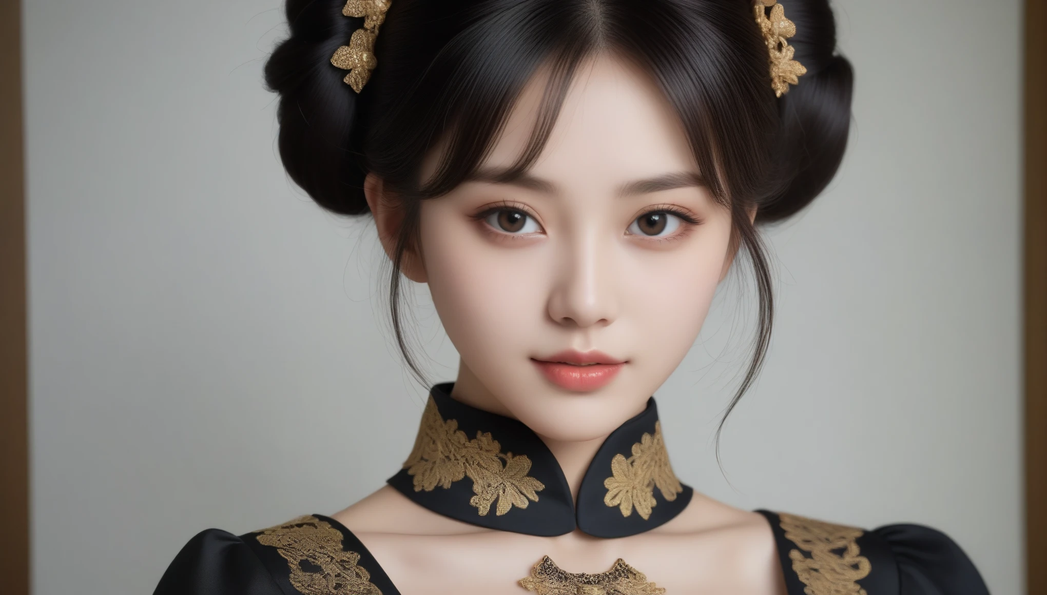 8K, 超High resolution, 最high quality, masterpiece, Surreal, photograph, 1 girl, (16 years old:1.3), pretty girl, Cute face, Beautiful eyes in every detail, 細かくdetailedに, High resolution, high quality、Perfect dynamic composition, Three-part method, detailedな、2people々、japanese people々、魅力的なbeauty、Captivating large people々 women、Beautiful woman、Sharp Eye、Cool girl、Black hair bun、Swept-apart bangs、Long black and gold cheongsam、Wide sleeves、邪evilな幹部、evil depravity、brainwashing、Mind control、lipstick、have、Lip gloss、Heavy makeup、Grin、邪evilな表現、evil、Hollow Eyes,Half-closed eyes、Hollow Eyes、evil、Church at night、vampire、Succubus、vampire、Swear allegiance、Sexy pose、See through 、Look at the audience、beauty,Long neck、Smile a little、Please close your mouth and laugh、(((Ideal body proportions))),A cup small breasts :2,、Portraiture:2、Perfect Anatomy、Vivid details、detailed、Surreal、Light and shadow,Strong light,Fashion magazine cover,Thin lips