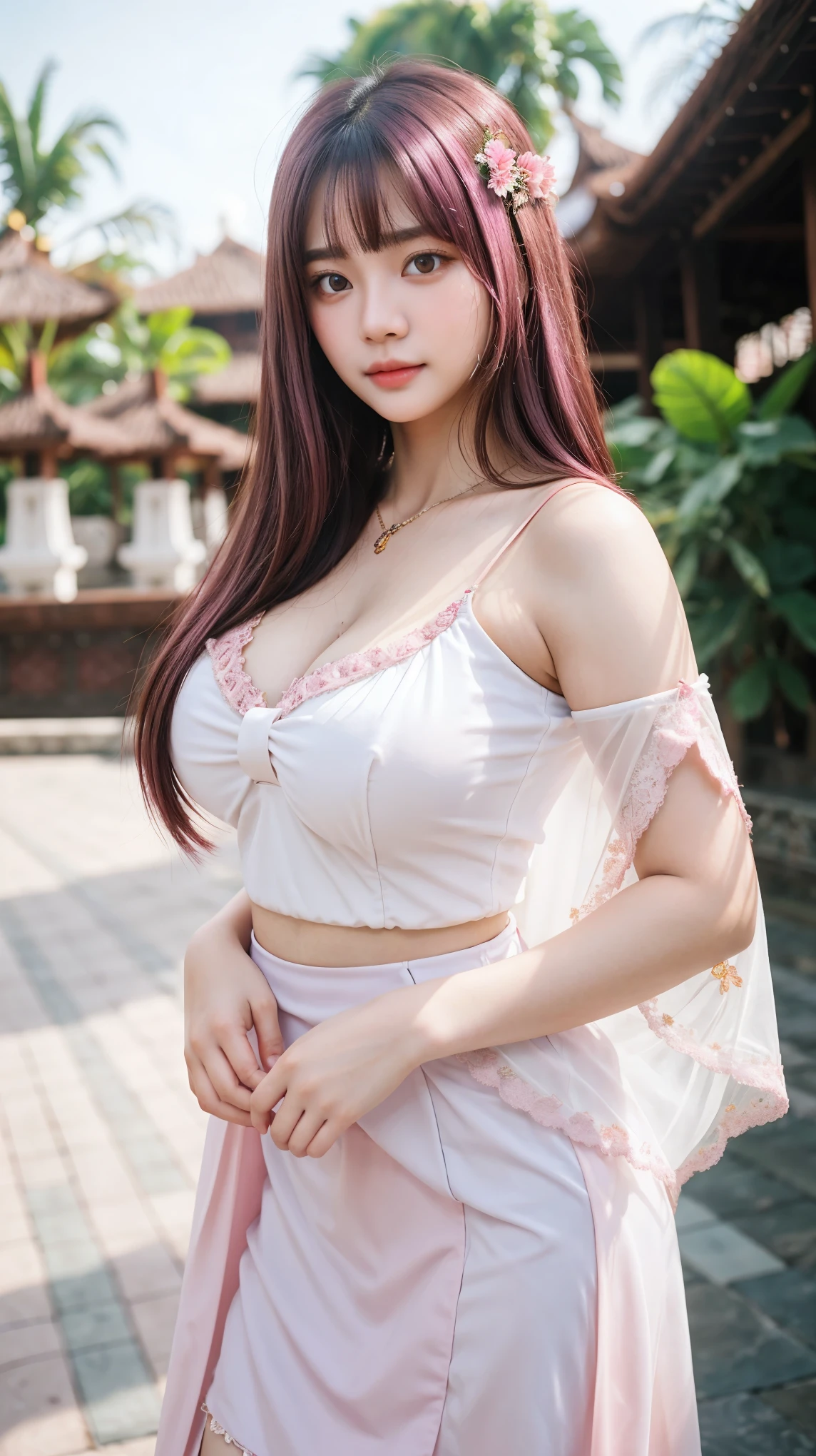 Gorgeus Girl, Beautiful, Baby Face, 20 Years Old, White Skin, Large Colossal Breasts, Pose, (Kebaya), Indonesian Kebaya, Brown Retina, Muscles, Bokeh, Indonesian Culture Background, Masterpiece, Portrait, Straight Pink Hair, Perfect Lighting, HDR