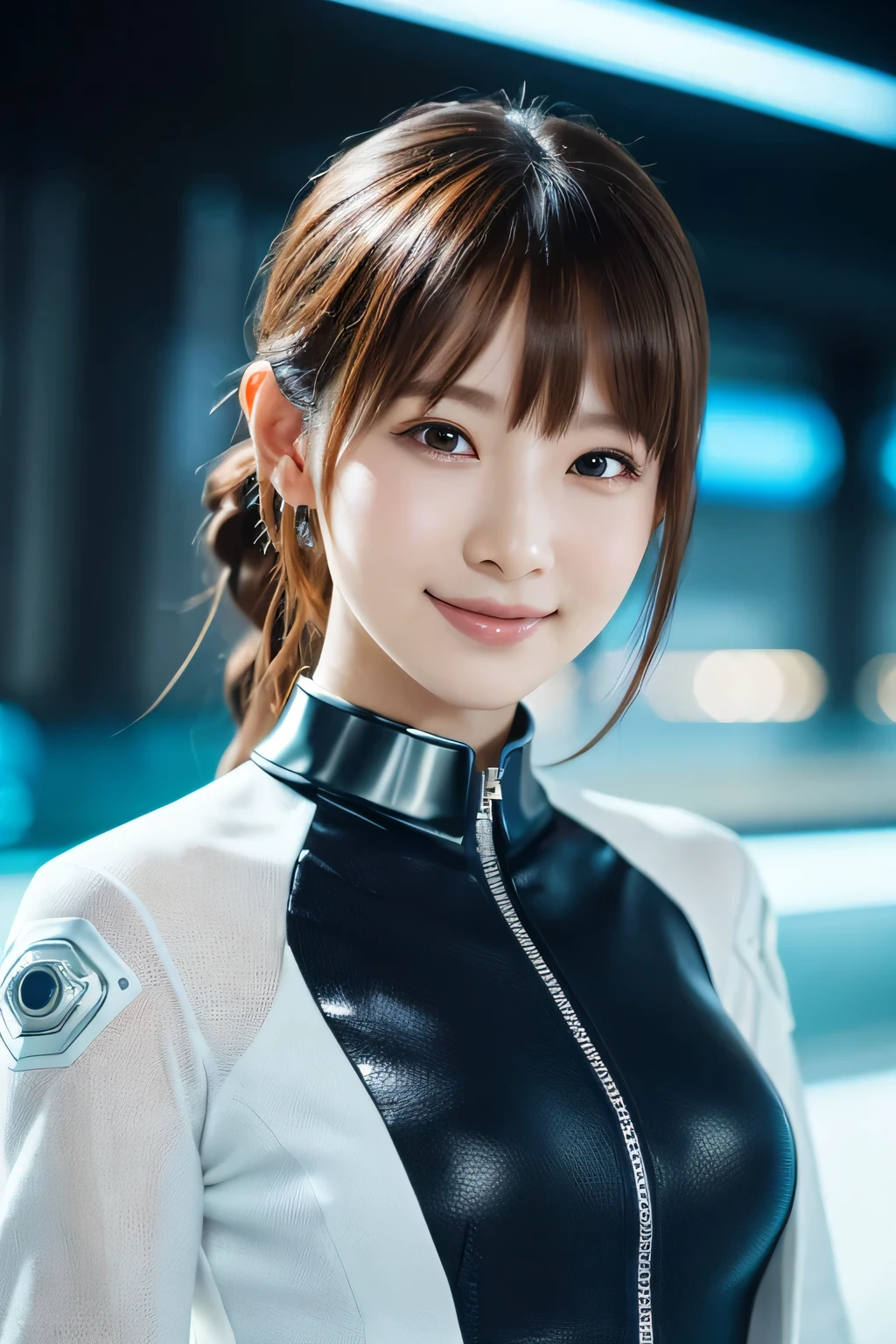 1 girl, (Wearing futuristic clothing:1.2), Very beautiful Japanese idol portraits, 
(RAW Photos, highest quality), (Realistic, Realistic:1.4), (masterpiece), 
Very delicate and beautiful, Very detailed, 2k wallpaper, wonderful, finely, Very detailed CG Unity 8K wallpaper, Very detailed, High resolution, Soft Light, 
Beautiful detailed girl, Very detailed目と顔, Beautiful and sophisticated nose, Finely beautiful eyes, Cinema Lighting, 
(In a futuristic building:1.3),
(Medium Hair), (bangs), 
Complete Anatomy, Slender body, Small breasts, smile