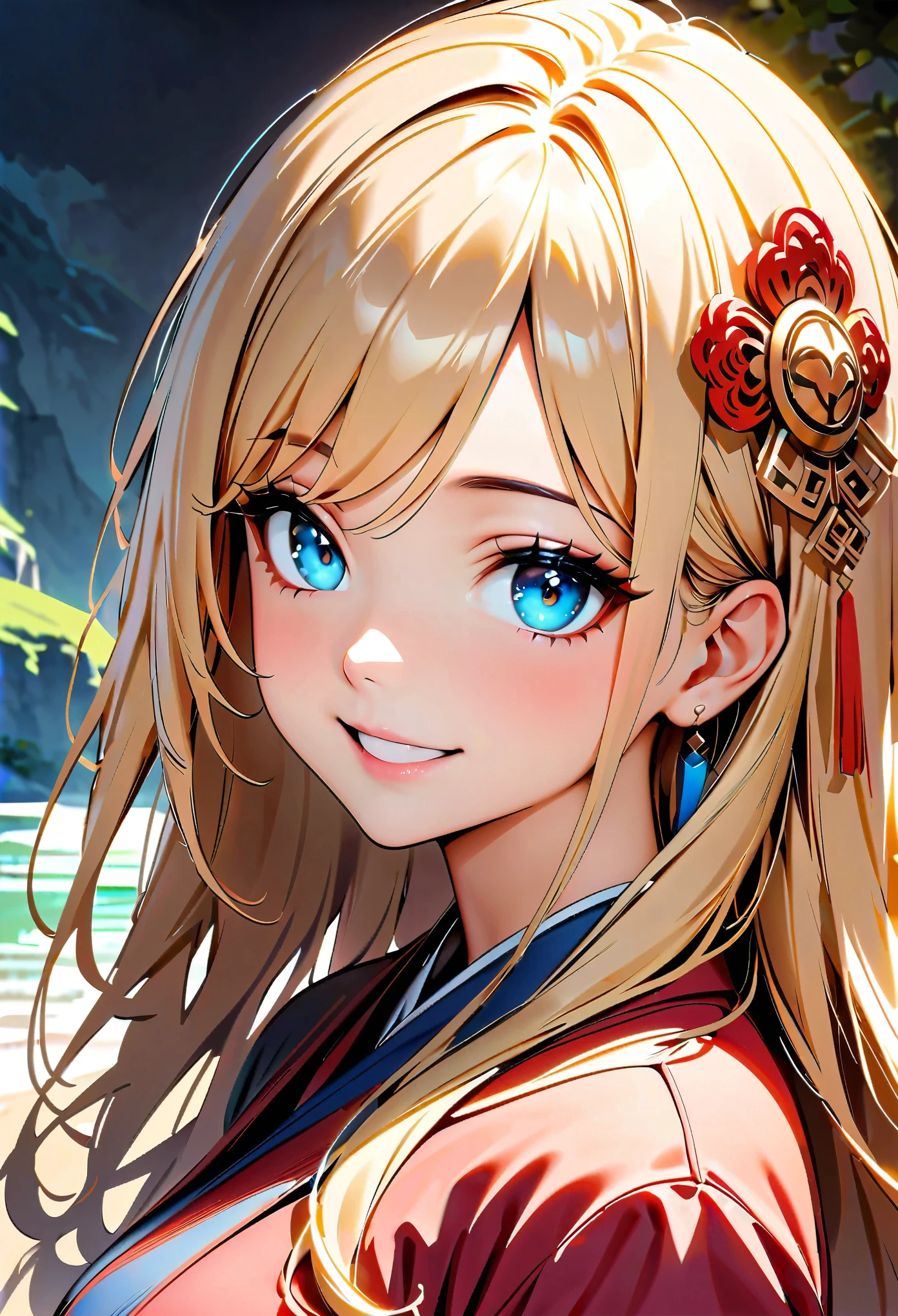 (high quality, 8k, 4K, High Contrast, masterpiece:1.2, 最high quality, Best aesthetics), ((1 female)), Chinese traditional clothing, Beautiful and detailed eyes and face, An exquisitely crafted hair ornament, Real Skin Glow, pretty girl, smile, close, Upper Body, Clean background, A magnificent work, A fantasy landscape set in China.