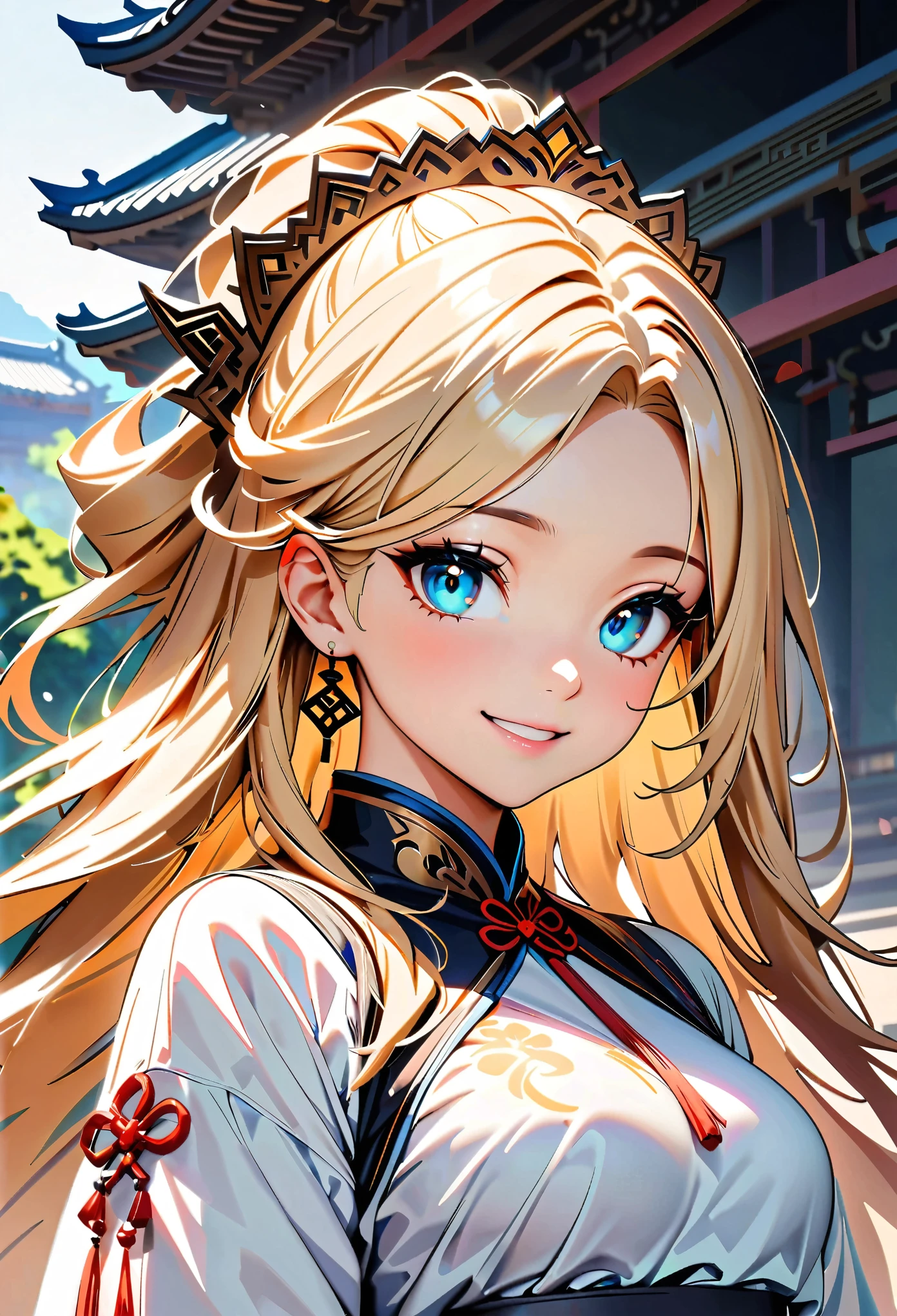 absurdres, highres, ultra detailed, 1girl, solo, extremely detailed eyes, Ultra-precise depiction, Ultra-detailed depiction, (zentangle:1.2), (dynamic pose), (abstract background:1.5), (treditional dress:1.2), short platinum blonde, (shiny skin), many colors, upper body, (from above)