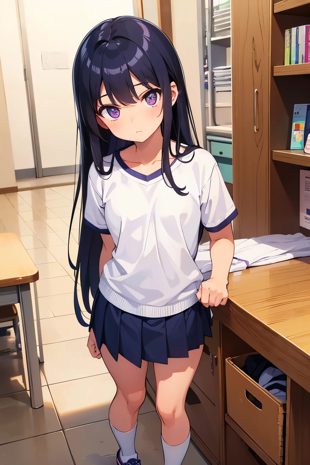 School changing room Elementary school girl, 8 years old Flat chest, black hair, long hair, purple eyes White upper body gym clothes Navy blue thick panties((I can see her panties)) White socks sneakers School changing roomロッカーの前 Standing Dynamic angle Low angle