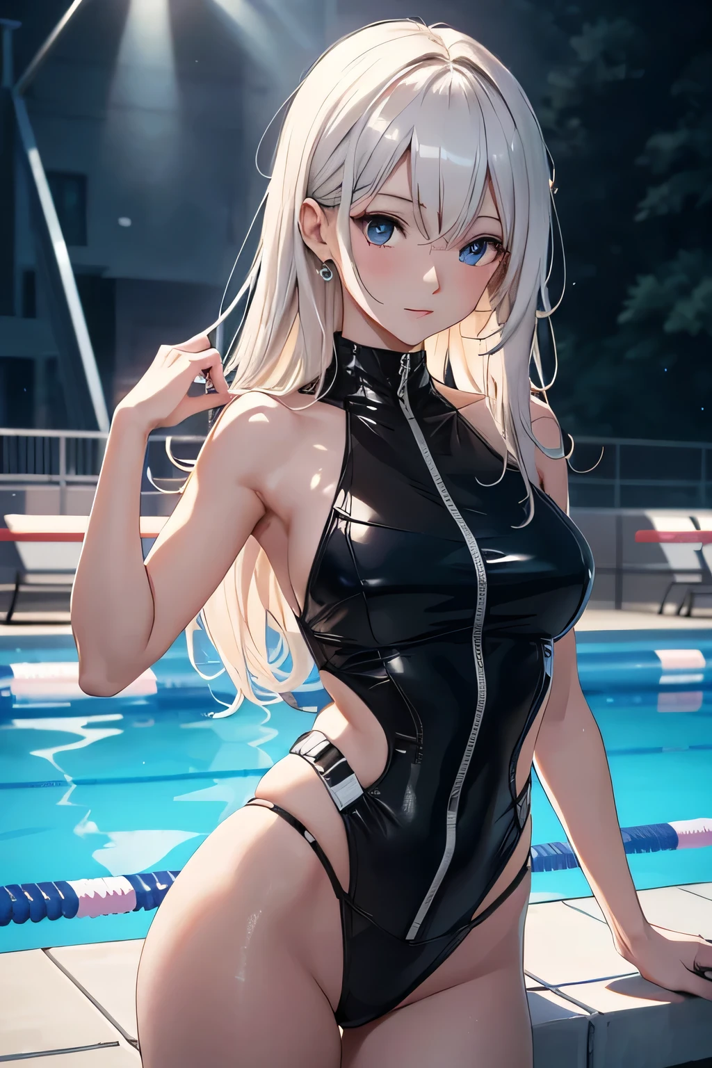 ultra HD, haute resolution, girl at the swiming pool, sexy girl, , seductive anime girl, best rated on pixiv, beautiful lightening, lights effects, many colors, HD, full details, high quality, verry large view, more_details:-1, more_details:0, more_details:0.5, more_details:1, more_details:1.5