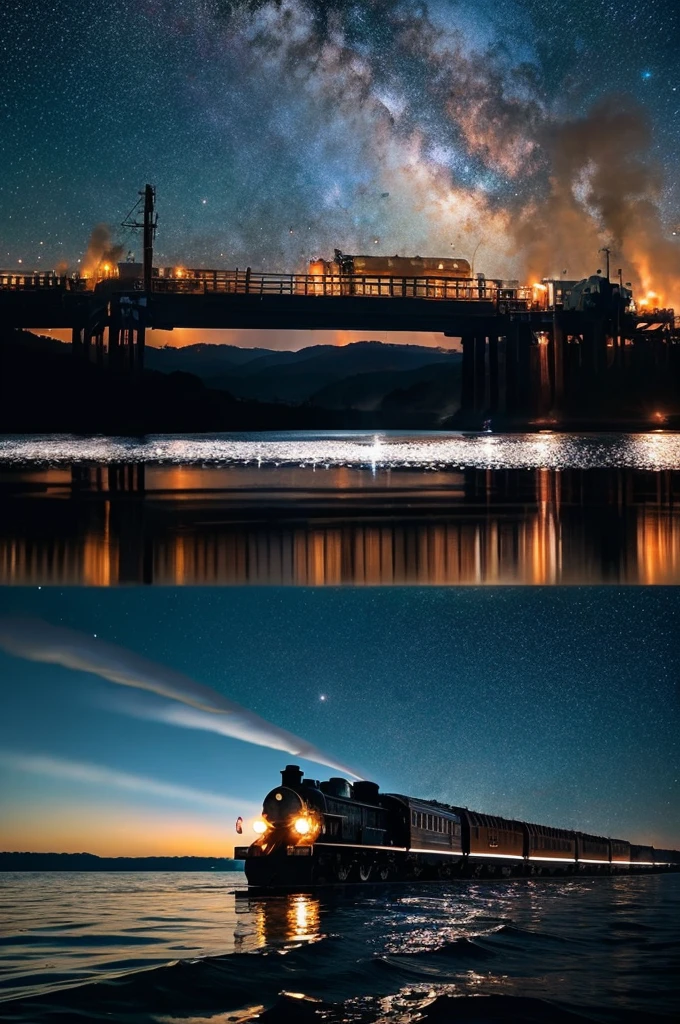 Steam locomotive running on water、A distant galaxy、front、From below、Starry Sky