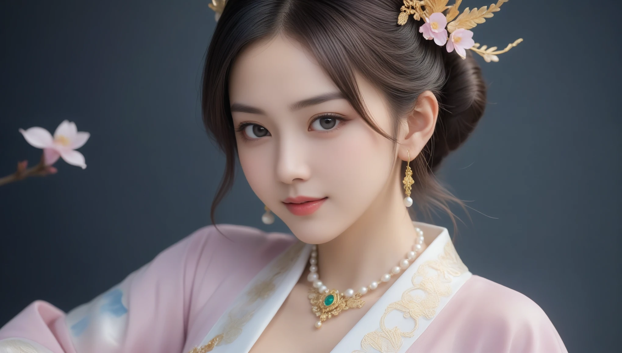 8K, 超High resolution, 最high quality, masterpiece, Surreal, photograph, 1 girl, (10 years old:1.3), pretty girl, Cute face, Beautiful eyes in every detail, 細かくdetailedに, High resolution, high quality、Perfect dynamic composition, A woman in her 40s wearing a kimono with a gold crown and pearl necklace, Beautiful fantasy empress, palace ， Girl in Hanfu, Japanese Goddess, ((Beautiful fantasy empress)), Ancient Chinese Princess, A beautiful depiction of the Tang Dynasty, Trending on cgstation, Asian, ジャポニズム 3D 8K 超detailed, Anime Goddess、See through 、Look at the audience、beauty,Long neck、Smile a little、Please close your mouth and laugh、(((Ideal body proportions))),A cup small breasts :2,、Portraiture:2、Perfect Anatomy、Vivid details、detailed、Surreal、Light and shadow,Strong light,Fashion magazine cover,Thin lips