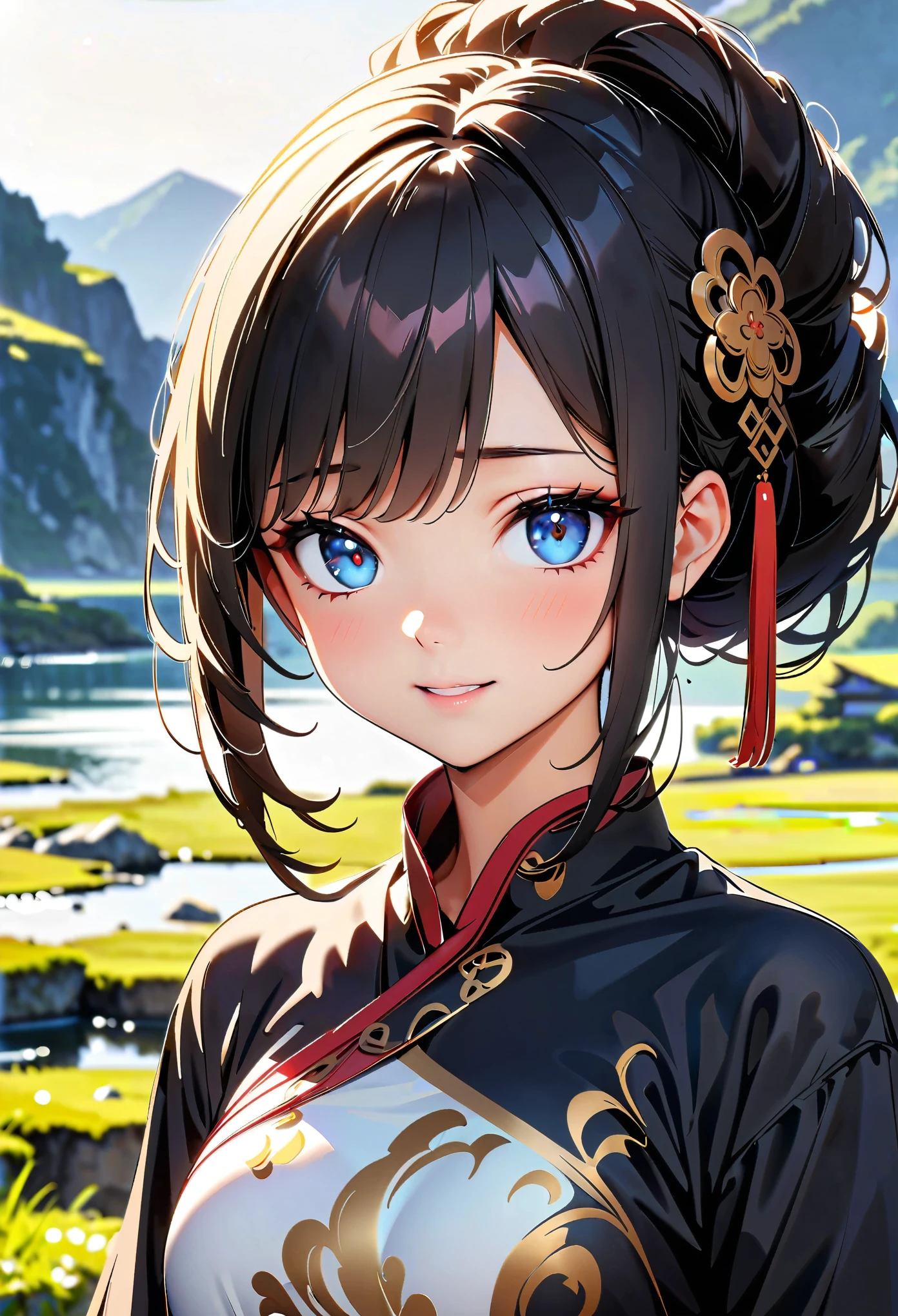 (high quality, 8k, 4K, High Contrast, masterpiece:1.2, 最high quality, Best aesthetics), ((1 female)), Chinese traditional clothing, Beautiful and detailed eyes and face, An exquisitely crafted hair ornament, Real Skin Glow, pretty girl, Shy, close, Upper Body, Clean background, A magnificent work, A fantasy landscape set in China.