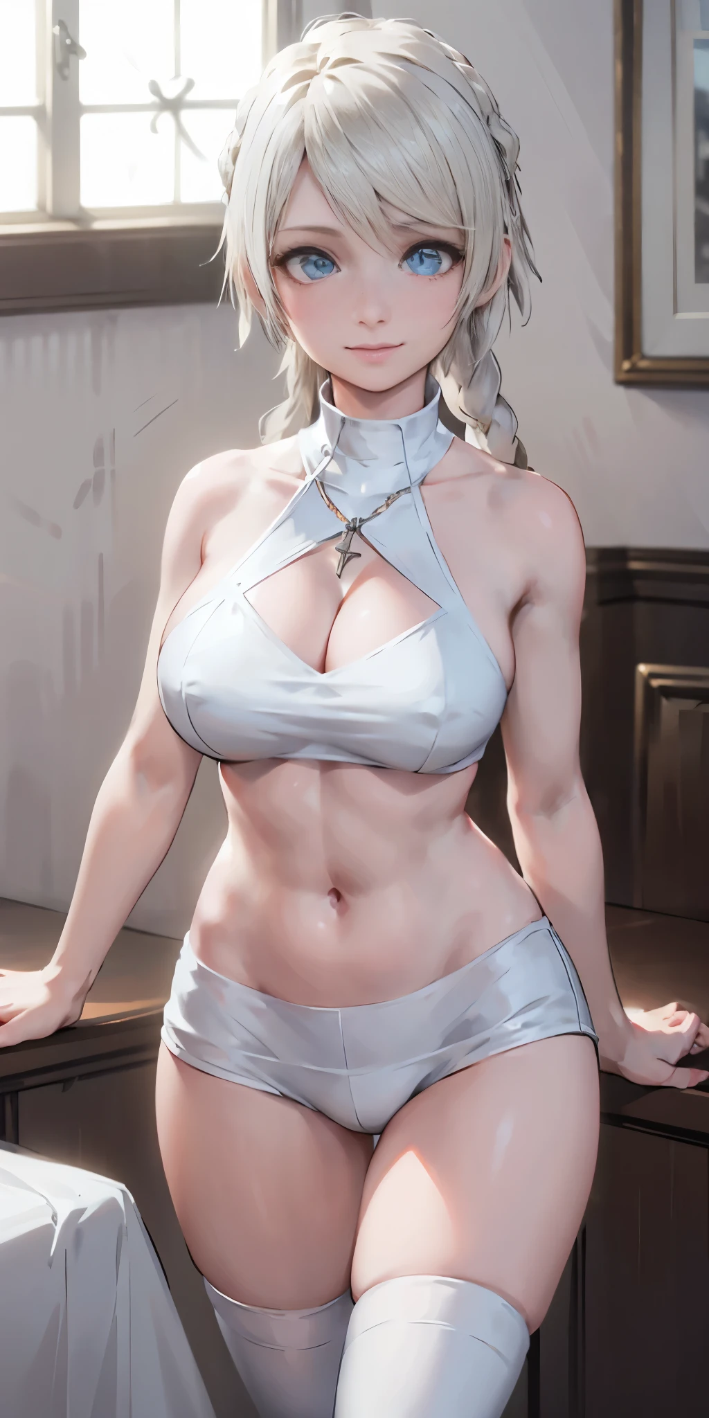 Best image quality, 4k, masterpiece, female, short silver white hair with long braids, beautiful mature bimbo milf, light brown hair, light blue eyes, sharp eyes looking at the camera, face focus, delicate facial features,  artistic lighting, portraiture, face magnification, [elegant demeanor, dignified atmosphere and excellent posture that catches the eye + beautiful face + portrait painting effect] (large breasts:1.5) (beautiful detailed eyes) (smile:1.2) (closed mouth) sharp focus, depth of field, good composition, stockings, toned body, athletic, wide hips, thin waist, toned arms, exposed abdomen, view from behind, (Lunafreya - Final fantasy wearing Virgin killer sweater)