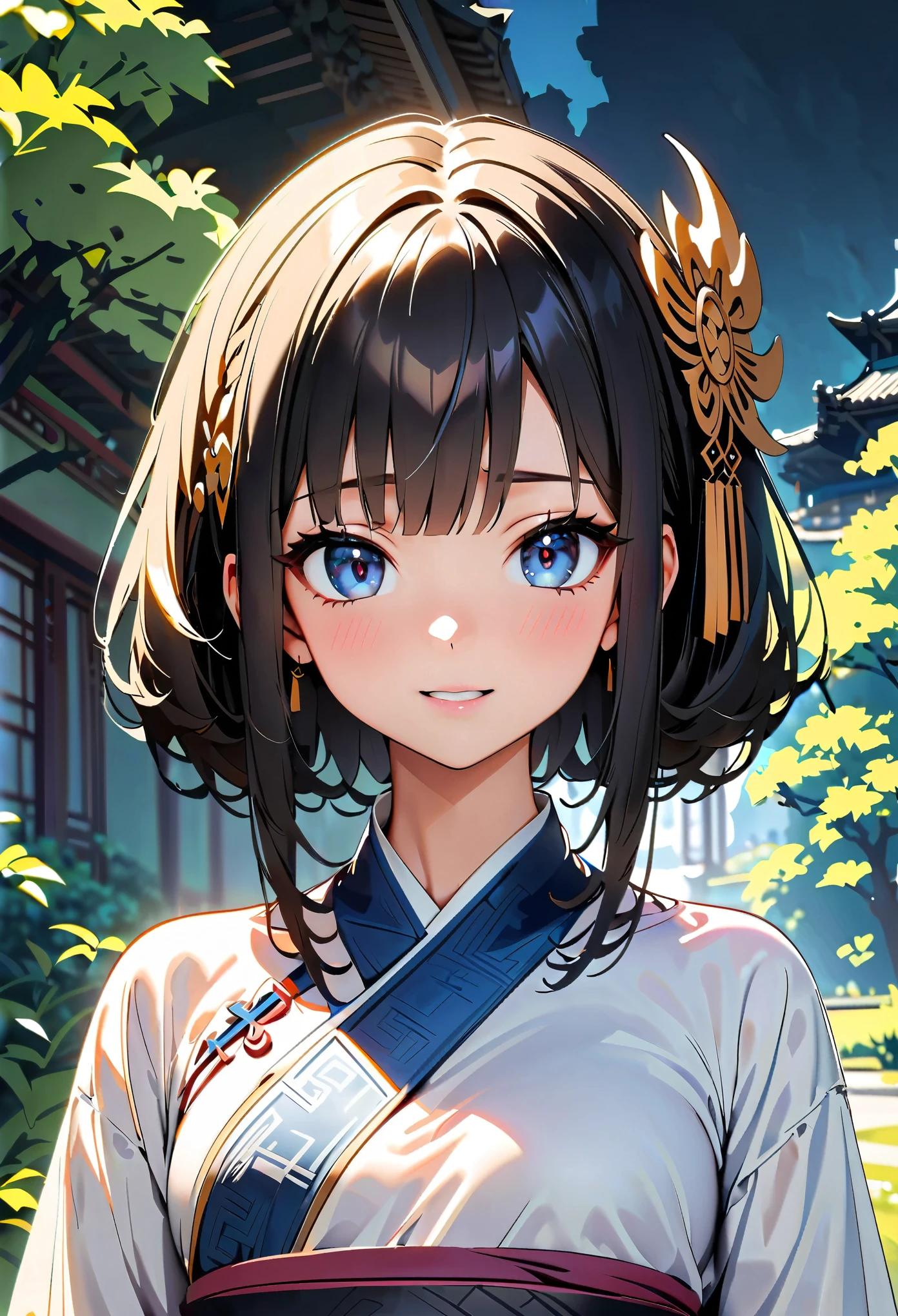 (high quality, 8k, 4K, High Contrast, masterpiece:1.2, 最high quality, Best aesthetics), ((1 female)), Chinese traditional clothing, Beautiful and detailed eyes and face, An exquisitely crafted hair ornament, Real Skin Glow, pretty girl, Shy, close, Upper Body, Clean background, A magnificent work, A fantasy landscape set in China.