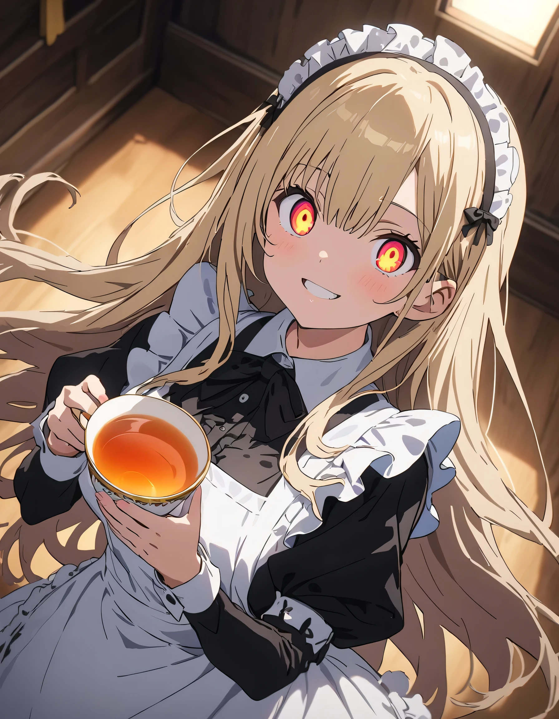 18 year old beautiful girl, Big eyes, Large Breasts, Small and slim, 8k, highest quality, (Highly detailed head: 1.0), (Highly detailed face: 1.0), (Very fine hair: 1.0), Maid clothes, Highly detailed official artwork, anime moe art style, Beautiful and detailed anime art, smile, Blonde, sleek long hair、(Handing freshly brewed tea to viewers)、(highest quality、masterpiece、High resolution、detailed)、anime style、Flat Style、(Shining Eyes、highlight、Beautiful Face),  BREAK,extremely detailed、(The Shining), Best lighting, Best Shadow、High saturation,Dynamic Angle、anime