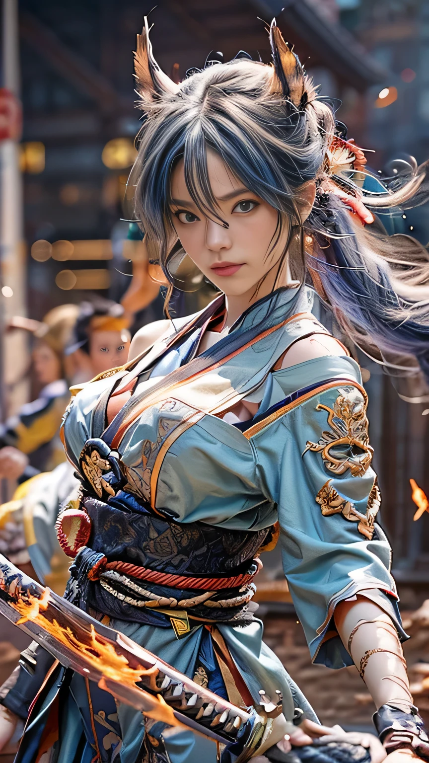 (RAW shooting, Photoreal:1.5, 8k, highest quality, masterpiece, ultra high resolution), Sengoku, Fire, Wars flaring up everywhere:1.3, perfect dynamic composition:1.2, Highly detailed skin and facial textures:1.2, perfect finger detailed,Slim female samurai with a sharp katana sword:1.3, Fight:1.2, beautiful and aesthetic, cute and sexy beauty, perfect style:1.2, wear elaborate rings, fire, water, Wind, thunder, ice, Fair skin, very beautiful face, (Medium chest, Chest gap), (embarrassing smile, The expression on your face when you feel intense caress, Facial expression when feeling pleasure), (Wearing a sexy Sengoku uniform:1.1, off shoulder), (beautiful blue eyes, Eyes that feel beautiful eros:0.8), (Too erotic:0.9, Bewitching:0.9), upper body shot