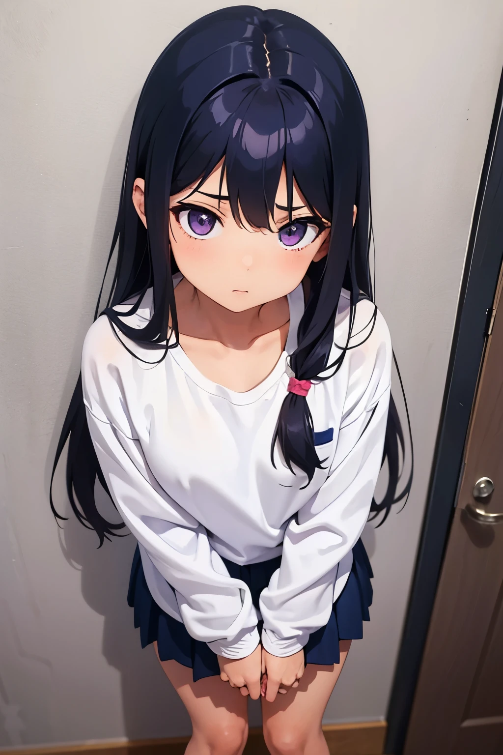 School changing room girl, 8 years old Flat chk hair, long hair, purple eyes White upper body gym clothes Navy blue thick panties((I can see her panties)) White socks sneakers School changing roomロッカーの前 Standing Dynamic angle Low angle