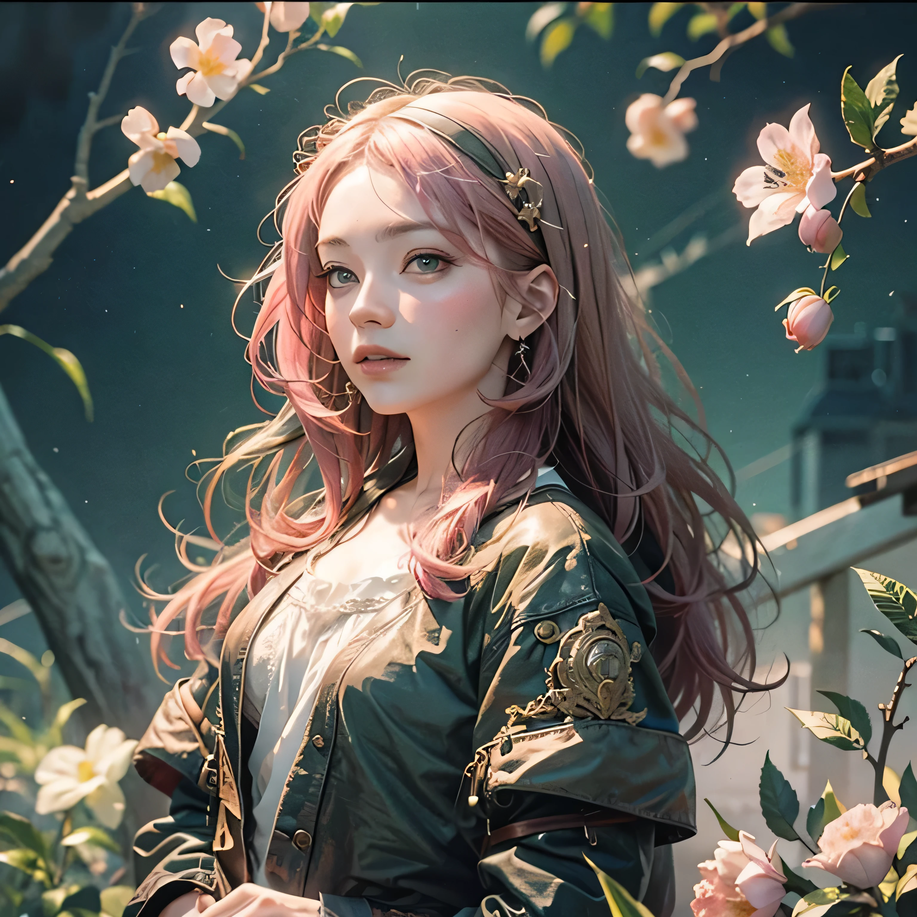 highest quality,Absurd,8k resolution,Official Art, Highly detailed CG Unity 8k wallpaper,masterpiece,(Profile picture),woman,pink Hair,in spring，Mona Lisa 、White clothes