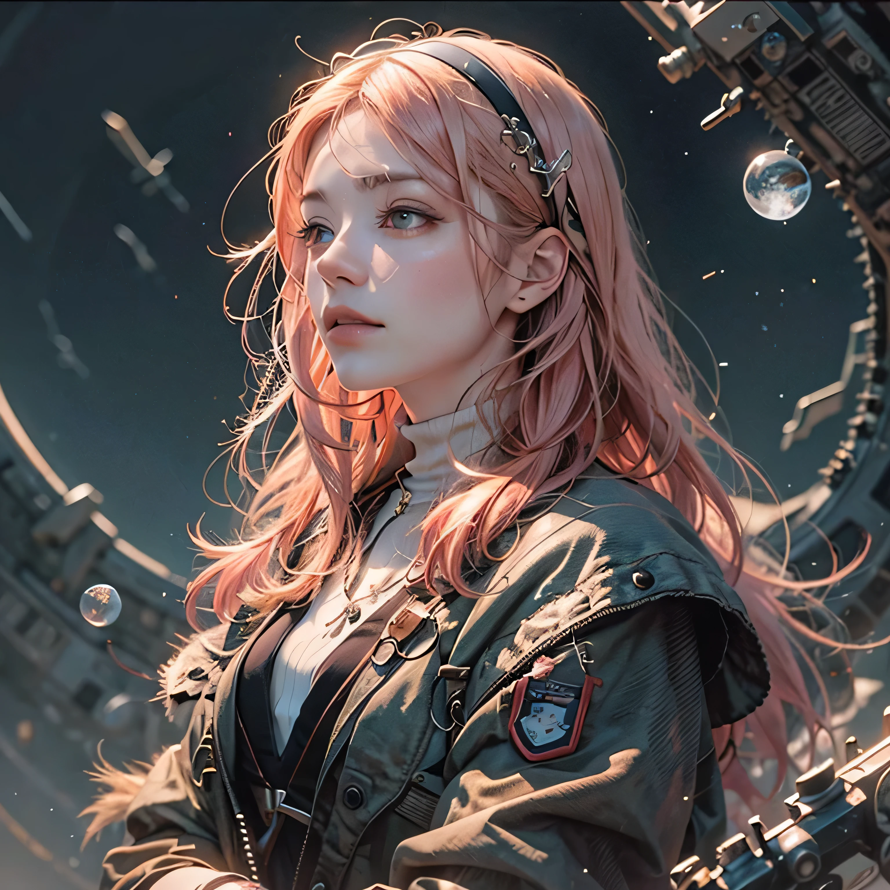 highest quality,Absurd,8k resolution,Official Art, Highly detailed CG Unity 8k wallpaper,masterpiece,(Profile picture),woman,pink Hair,in spring,Mona Lisa 、White clothes