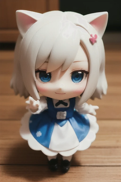 There are dolls with cat ears and maid outfits., Anime girl with white hair and blue eyes, White cat lady, eyes in the style of Nendoroid, Nendoroid eyes, style as Nendoroid, water color Nendoroid, Nendoroid, Nendoroid 3 d, Nendoroid, Maid outfit, She has a pretty, expressive face, an anime Nendoroid of karl marx
