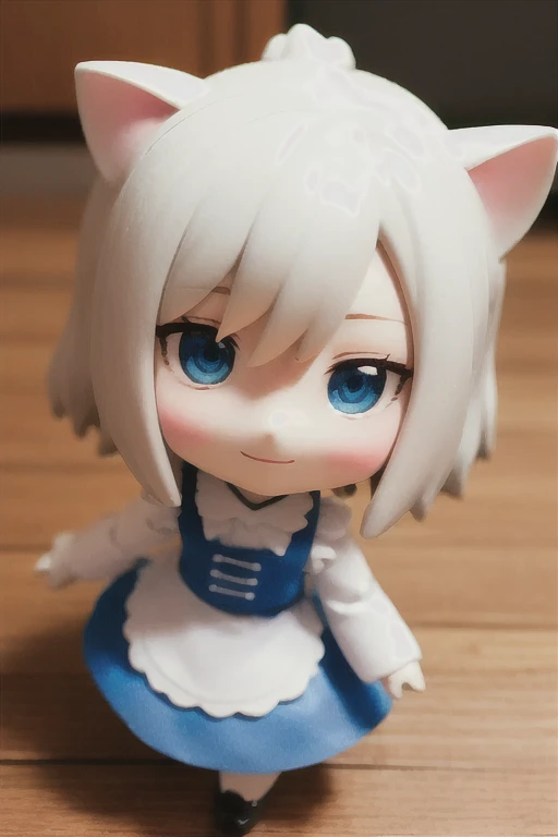 There are dolls with cat ears and maid outfits., Anime girl with white hair and blue eyes, White cat lady, eyes in the style of Nendoroid, Nendoroid eyes, style as Nendoroid, water color Nendoroid, Nendoroid, Nendoroid 3 d, Nendoroid, Maid outfit, She has a pretty, expressive face, an anime Nendoroid of karl marx