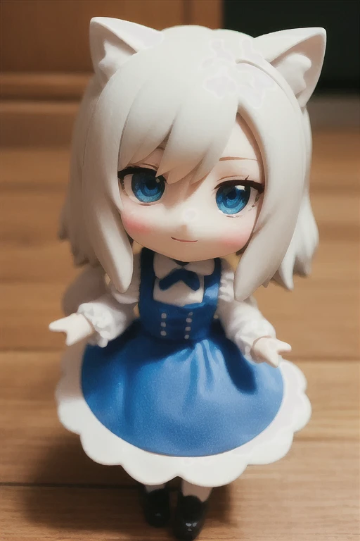 There are dolls with cat ears and maid outfits., Anime girl with white hair and blue eyes, White cat lady, eyes in the style of Nendoroid, Nendoroid eyes, style as Nendoroid, water color Nendoroid, Nendoroid, Nendoroid 3 d, Nendoroid, Maid outfit, She has a pretty, expressive face, an anime Nendoroid of karl marx