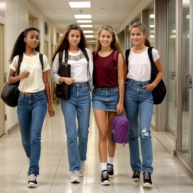 three girls walking down a high school hallway, different hair colors and styles, designer 90s clothing, carrying backpacks and books, photorealistic, style of 90s teen tv