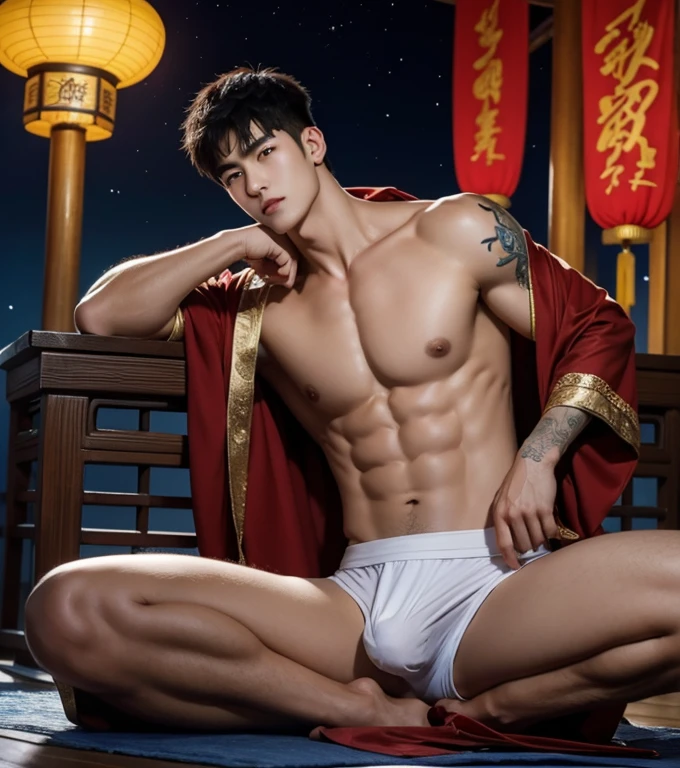 Chinese Men God, Mythology, Chinese odyssy, Handsome, Topless, Muscles, Athlete body, Full Frame, Sexy, Professional Lighting, Hanfu Outfit, Chinese Heaven Background, Bulge Underneathe brief Underwear, white transparent brief, Sexy tight bulge form dick shape, Hanfu Warrior, Hanfu God, Hanfu Male, Hanfu Nobel, Seduce, Sex Appeals, Alafard man shirtless carrying a backpack, muscular body, handsome, manly, inspirite by Zhang Han, Cai Xukun, Kim Do-young, Inspired by Bian Shoumin, Inspired by Xiao Yuncong, yihao ren, yanjun cheng, jinyiwei, inspired by Huang Gongwang, xintong chen, Jacket, wearing japanese loincloth,nice butts, Tattoo chest, tattoo hands, tattoo arms, tattoo belly, clear studio light, lay on the ground, hands holding legs in M shape, night ancient chinese Buddhism temple background, detailed background, fantasy Chinese themed, the best resolution, 8k, Ultra fullHD, look at the viewer, catching eyes,