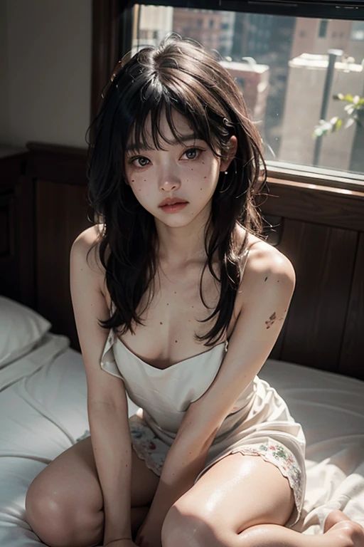 highest quality, masterpiece, Ultra-high resolution, (Faithfulness: 1.4), Original photo, 24-year-old sexy model, Disheveled long hair, Delicate face, feminine eyes, Half exposed, White transparent floral dress, Sit on the bed with your hands between your legs, Shown in a positive perspective, Amazing details, （Irregular skin blemishes，vein，Birthmark，Wrinkles on the skin，pores：1.2）， （Bokeh： 1.4），Mansuji、topless、Squat、front、18-year-old、No makeup、Spread your legs、split、