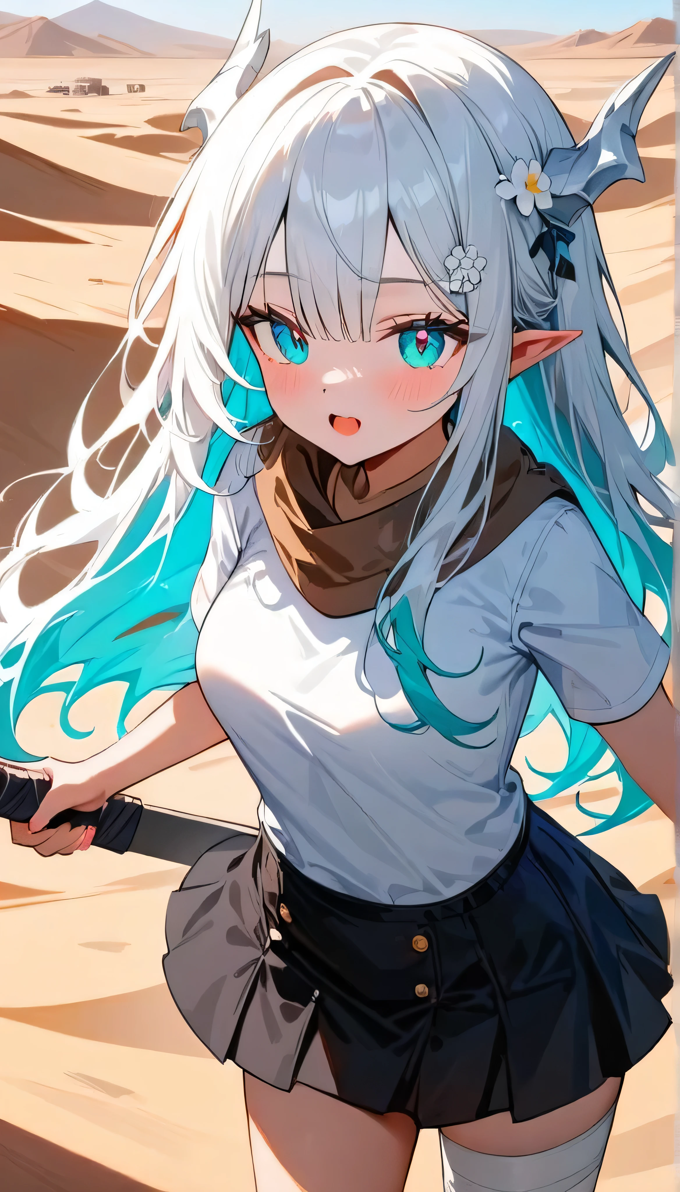 Resolution full, best quality, masterpiece, full HD, very sharpener, very detail, best art, pixiv art, depth of field, beautifull girl, super detailed, 1girl, waifu, cute waifu, cute girl, long hair, multicolor hair, grey hair, aqua inner hair, dragon horns, white flower hair ornament, beautiful cyan bright eyes, medium breast, open mouth, white T - shirt, brown scarf, short black skirt, bandage hands, bandage legs, (holding sword), at desert, post apocalypse