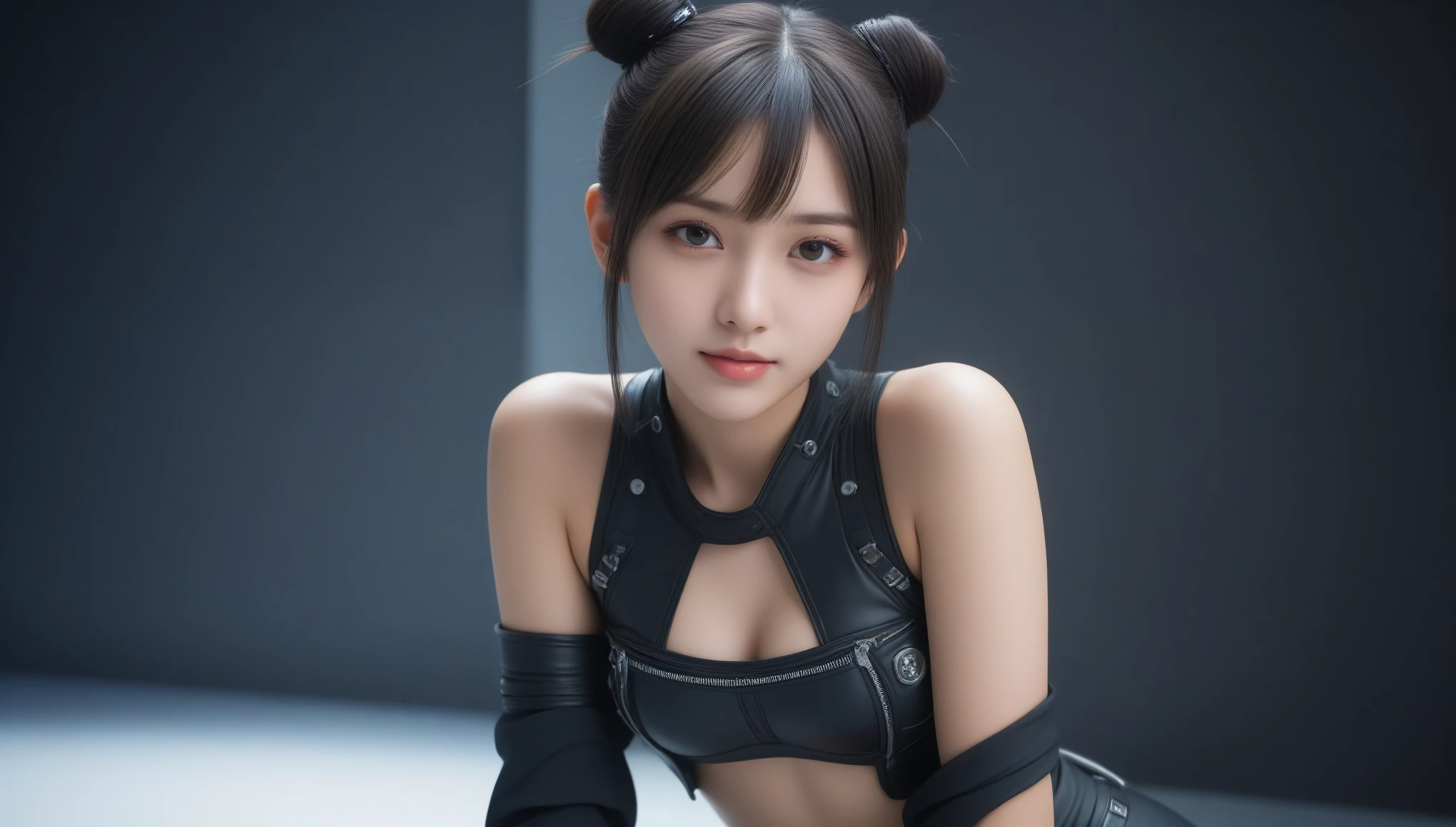 8K, 超High resolution, 最high quality, masterpiece, Surreal, photograph, 1 girl, (13 years old:1.3), pretty girl, Cute face, Beautiful eyes in every detail, 細かくdetailedに, High resolution, high quality、Perfect dynamic composition,  high quality、masterpiece, Two close friends, Beautiful teenage girl, Sitting or kneeling, Bun Hair,skinny, small skinny girls, pretty girlの顔, cyber punk, cyber punkの服を着る, Full Body Lesbian, futuristic cyber punk, Innocent, Playful, Famous Japanese actresses, Very beautiful face、See through 、Look at the audience、beauty,Long neck、Smile a little、Please close your mouth and laugh、(((Ideal body proportions))),A cup small breasts :2,、Portraiture:2、Perfect Anatomy、Vivid details、detailed、Surreal、Light and shadow,Strong light,Fashion magazine cover,Thin lips