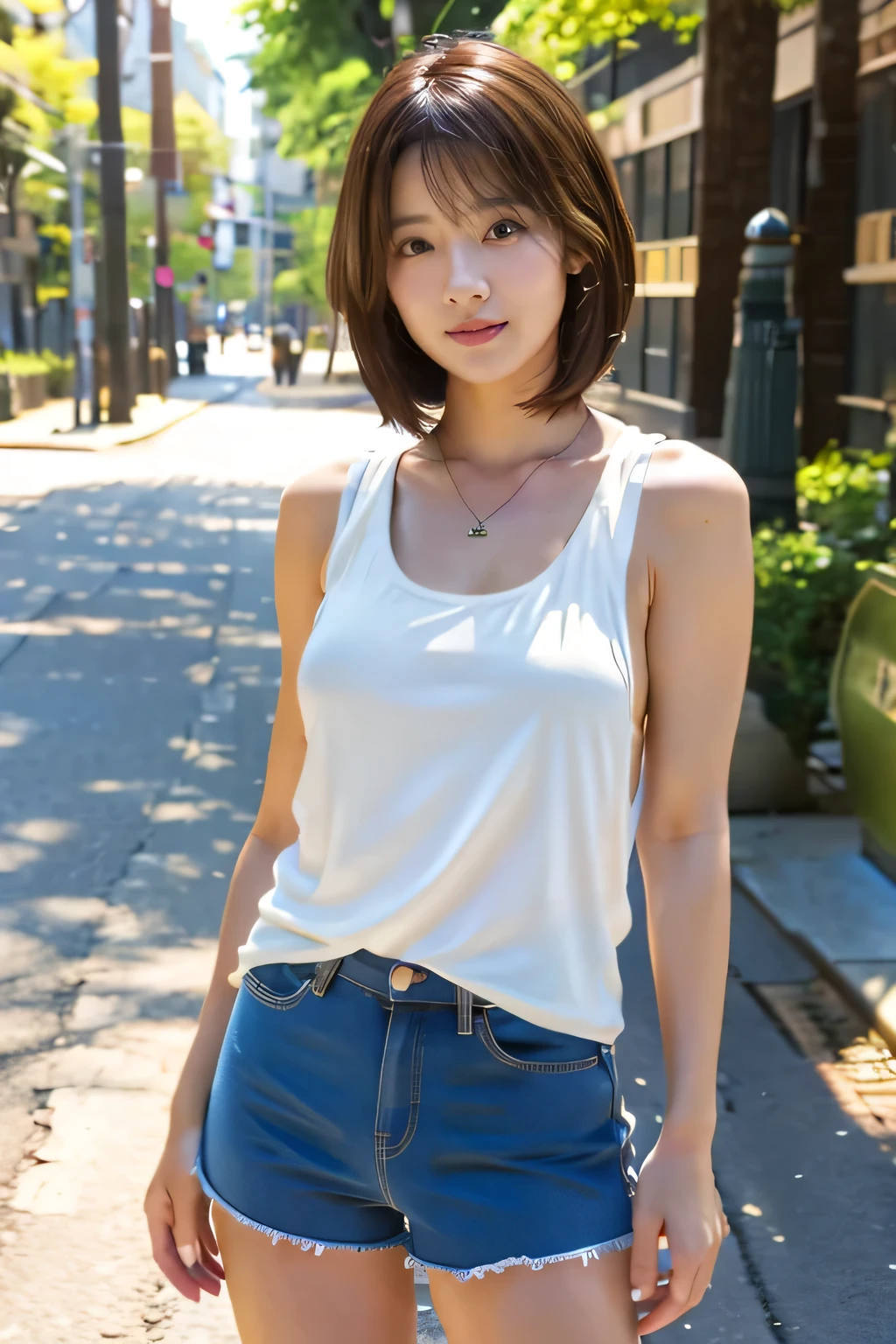 (Tank top in shorts:1.5)、(Full-body photo:1.5)、highest quality, Photorealistic, Very detailed, finely, High resolution, 8K Wallpaper, Professional, High level of detail, ((One 18 year old girl:1.2)), Slender Japanese women,Pretty lips, (Beautiful long lashes:1.2)、Detailed clavicle, Perfect Face, (Cute short bob hair:1.5),Top Quality，Ultra-clear resolution，Clear Eyes，Sunburned skin，perfect medium breasts，A pretty necklace around the neck、have perfect legs，A kind smile、