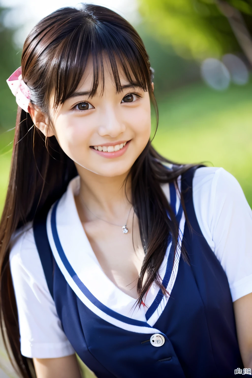 cute, アイドルのようにcute16歳の高校生、High School Uniform、Cleavage、Young cute face、Smiling Kindly、Streamers、High はCleavageが見えるデザイン、Small breasts、whole body、RAW Photos、Genuine、Real、realism、Raw photo、High resolution、Life、No copyright notice