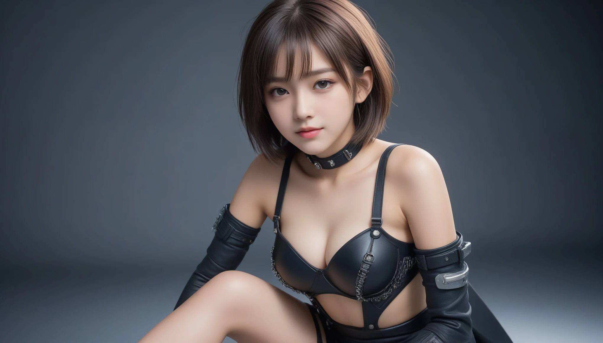 8K, 超High resolution, 最high quality, masterpiece, Surreal, photograph, 1 girl, (:1.3), pretty girl, Cute face, Beautiful eyes in every detail, 細かくdetailedに, High resolution, high quality、Perfect dynamic composition, high quality、masterpiece, Two close friends, Beautiful teenage girltting or kneeling, Short Bob,skinny, small skinny girls, pretty girlの顔, cyber punk, cyber punkの服を着る, Full Body Lesbian, futuristic cyber punk, Innocent, Playful, Famous Japanese actresses, Very beautiful face、See through 、Look at the audience、beauty,Long neck、Smile a little、Please close your mouth and laugh、(((Ideal body proportions))),A cup small breasts :2,、Portraiture:2、Perfect Anatomy、Vivid details、detailed、Surreal、Light and shadow,Strong light,Fashion magazine cover,Thin lips